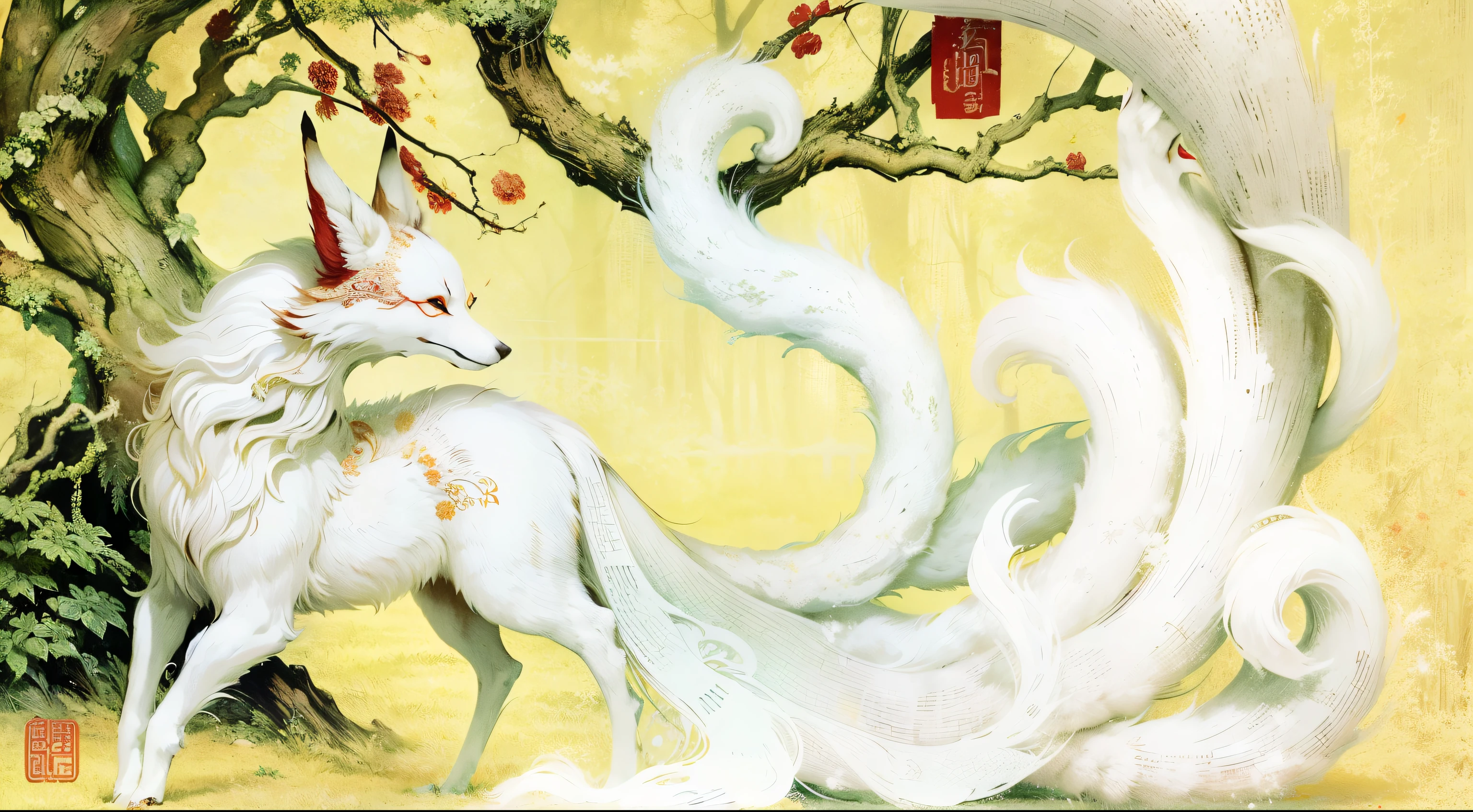 peinture d&#39;un Renard blanc aux cheveux longs et d&#39;un arbre, renard aux cheveux blancs, Kitsune renard à trois queues, neuf contes, renard à trois queues, neuf queues, Renard blanc, Style de peinture chinoise, Ethereal fox, Style artistique de la Chine ancienne, long elegant tail, Kitsune, Animated white fox, mizutsune, Chinese surrealism, une belle femme kitsune