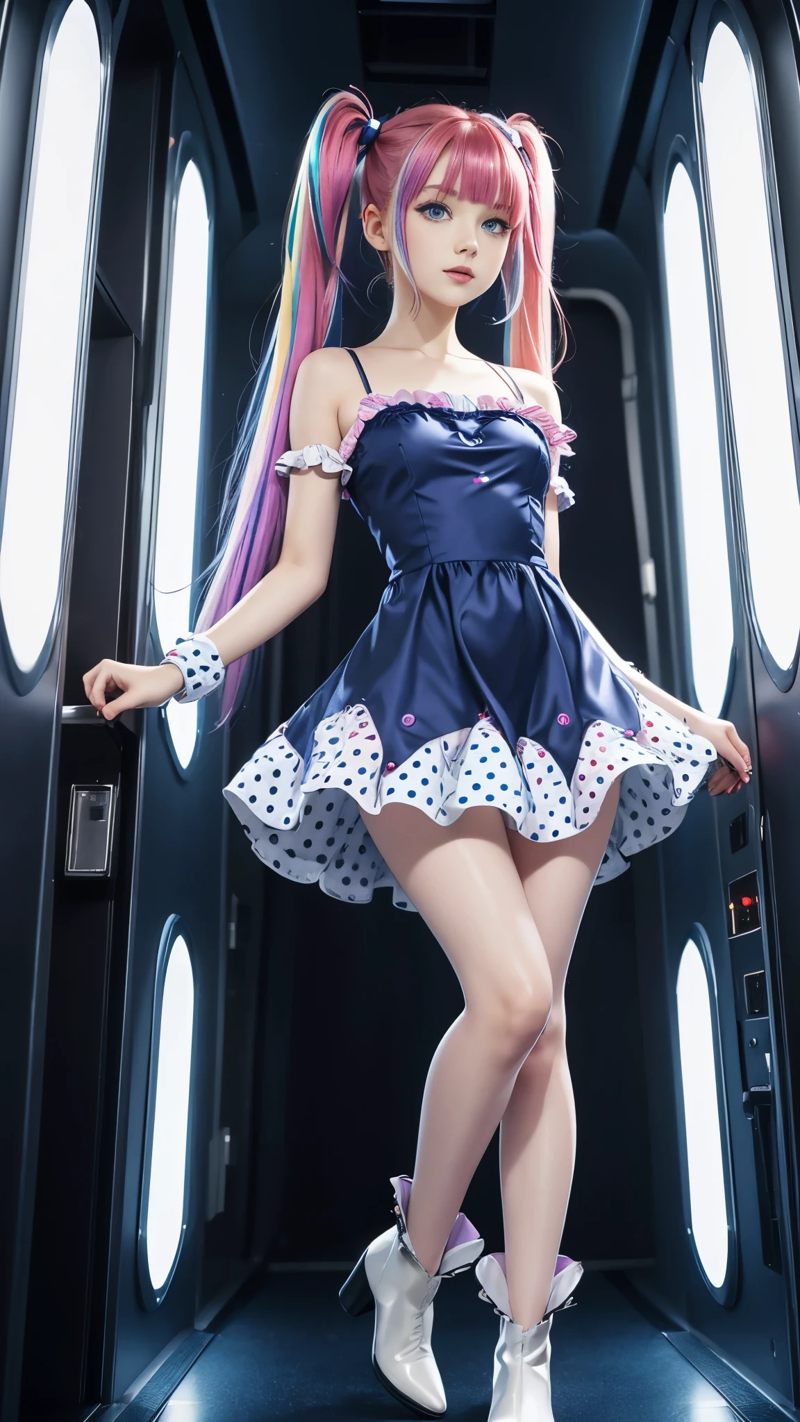 Cute redhead with rainbow colored hair tips, ribbons in her hair, 18-year-old woman, happy, in twin tails, perfect eyes, clear sparkling blue eyes, pale skin, silky smooth skin, standing on a fancy metal luxurious space ship, futuristic corridor, dark warm lighting, wearing a futuristic party dress, pleated (chemise) mini dress (pastel rainbow colors, and polka dots), wearing full body pantyhose, cute short cut booties.