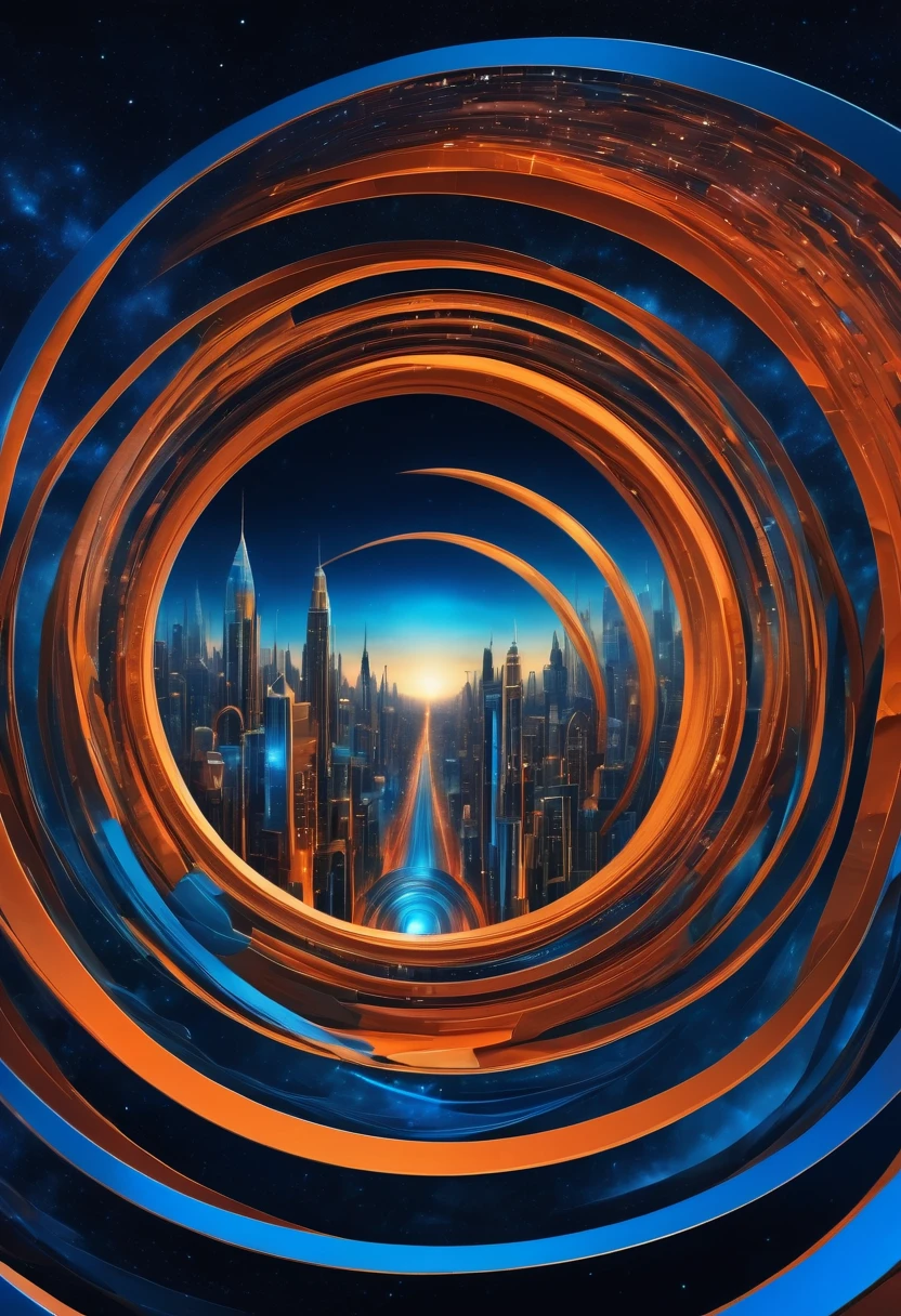 (best quality, highres, ultra sharp), city inside a infinite Magic Circle, dark tones of orange, brown, blue, and gray colors, about the curvature of space time, art deco, 3d crunch,