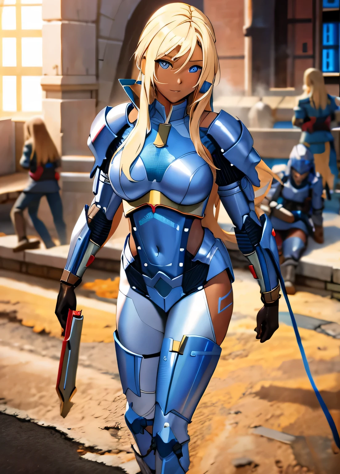 long blonde hair, colored skin, brown skin, blue eyes, gigantic breasts, black sci-fi armor