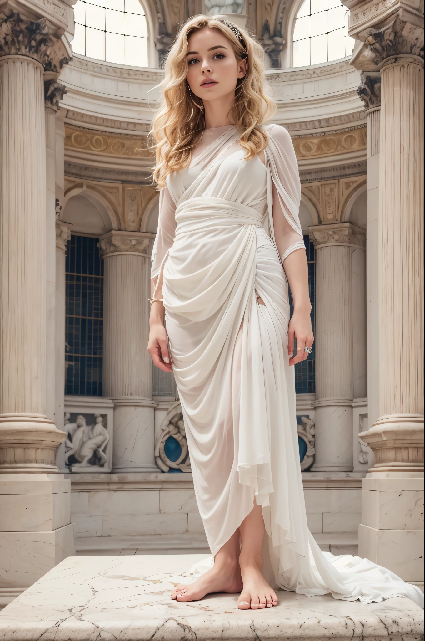 pale skin Sophia Lillis standing on top of a marble pedestal, white toga, long wavy blonde hair, slim body,