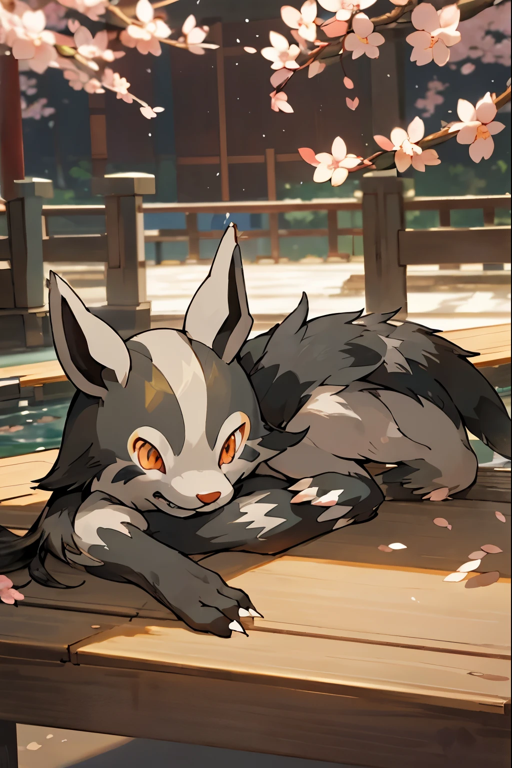 Mightyena、Graena、spring、cherry blossoms、pool、cute、animal、Pokémon、Graena、Depth of the bounds written, perfect lighting, lightest particle quality),(table top),particles of light, blush, smile, alone, furry, animal、sunlight,Japanese style、Japanese style、Sit down、animalの正しい体