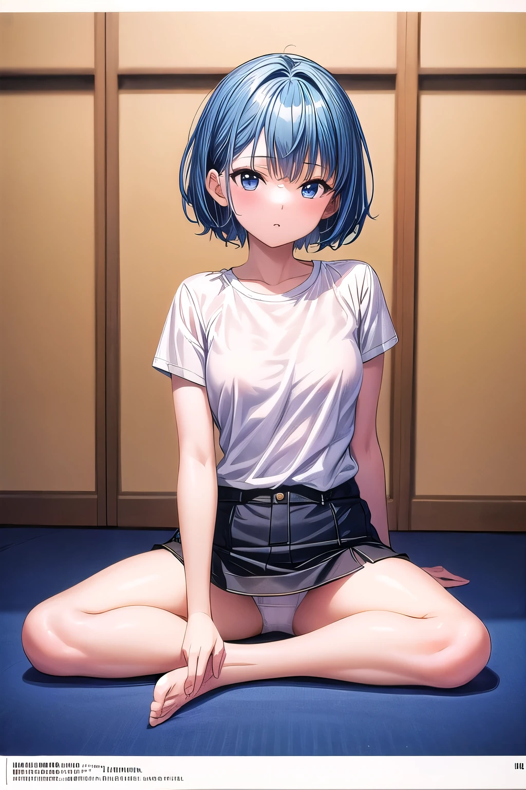 masterpiece, best quality, highres, absurdres, 8k, 4k, official art, 1girl, young girl, blue hair, short hair, lotus position, small white t-shirt, Miniskirt, white panties, small breasts, high school girl,