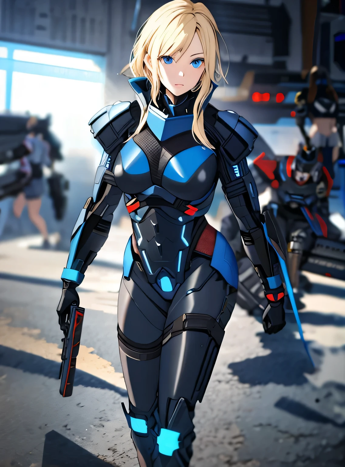 black sci-fi armor, blonde hair, blue eyes, gigantic breasts, black pistol