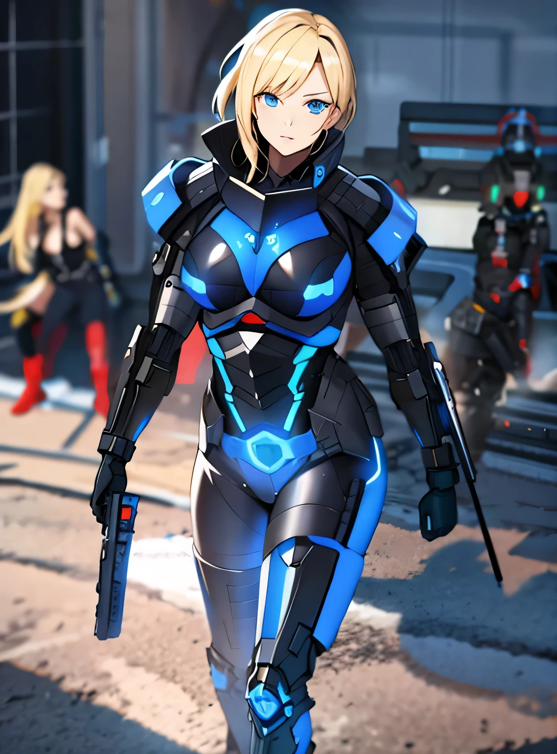 black sci-fi armor, blonde hair,  blue eyes, gigantic breasts, black pistol