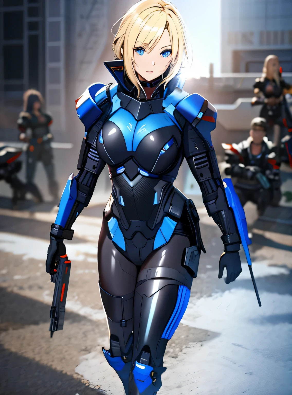 black sci-fi armor, blonde hair,  blue eyes, gigantic breasts, black pistol