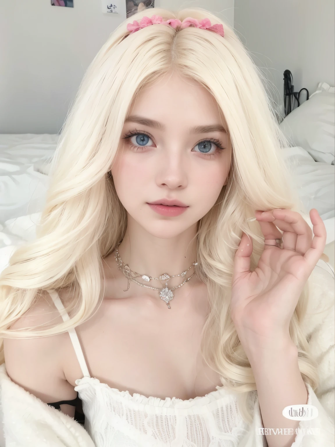 Chica de pelo rubio con ojos azules y un lazo rosa en la cabeza., pale piel blanca de porcelana, pale ivory skin, chica perfecta de pelo blanco, ava max, pale skin curly blonde hair, pale, snow-white skin, bella delfina, pale ivory skin, piel blanca de porcelana, extremely pale white skin, extremely pale blonde hair, (12x) extremely pale white skin