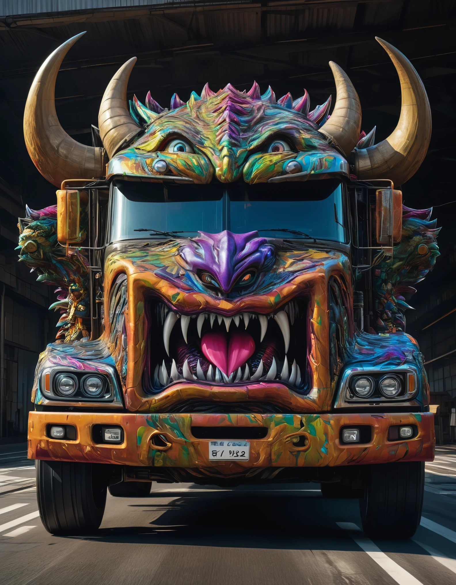 a large truck with a monster's mouth on the front of it, computer graphics by Taro Okamoto, trending on zbrush central, fantasy art, made of liquid metal, made of cardboard, ultra detailed, hyper realistic, 8k, vibrant colors, sharp crisp image