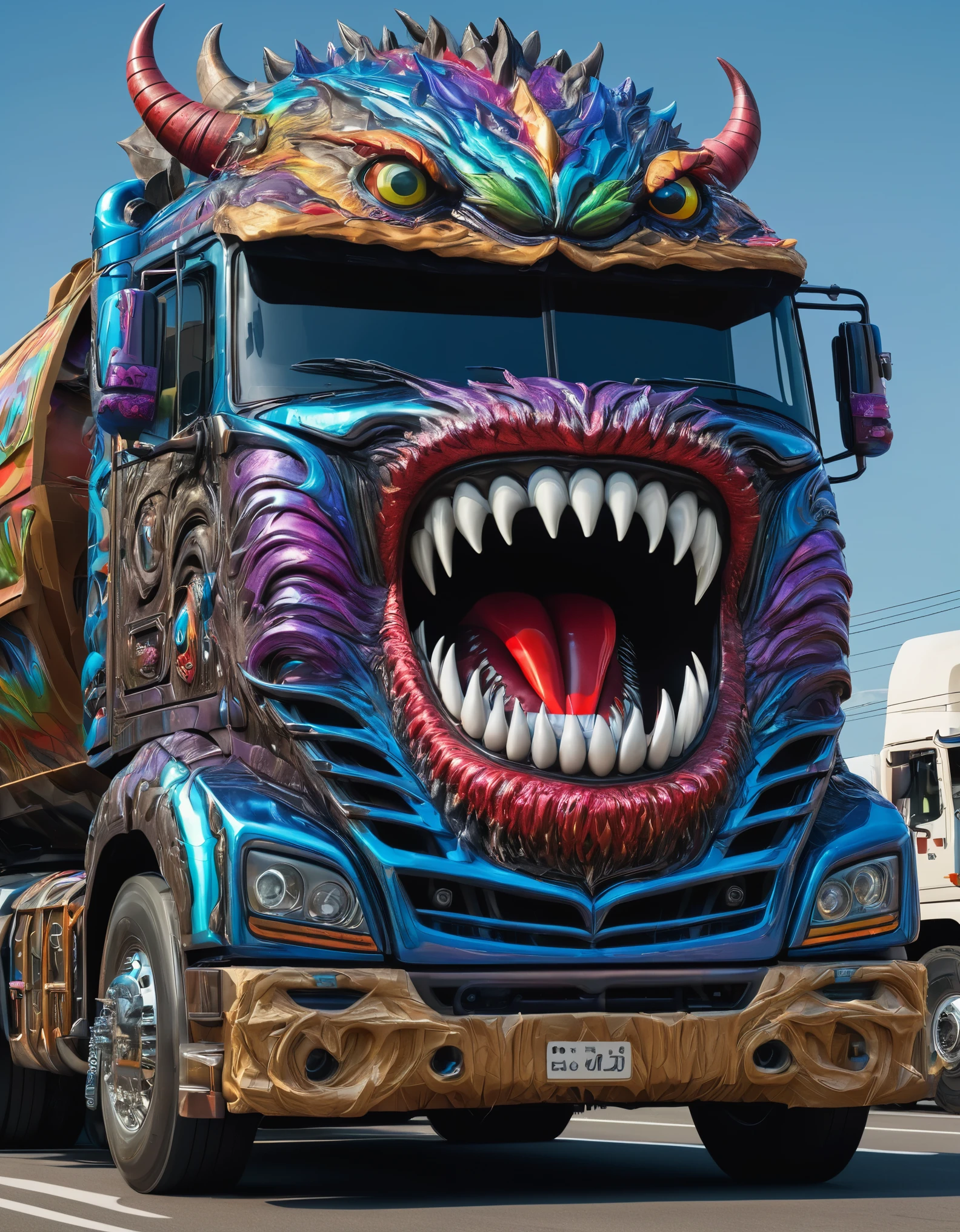 a large truck with a monster's mouth on the front of it, computer graphics by Taro Okamoto, trending on zbrush central, fantasy art, made of liquid metal, made of cardboard, ultra detailed, hyper realistic, 8k, vibrant colors, sharp crisp image