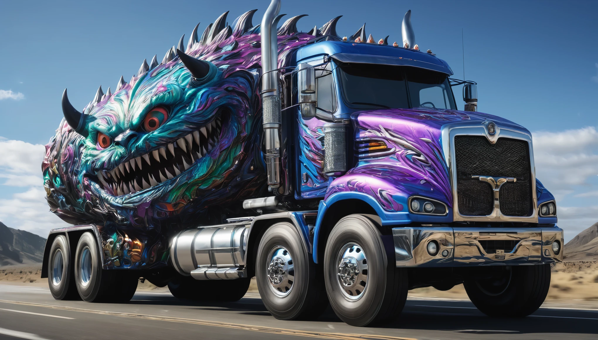a large truck with a monster's mouth on the front of it, computer graphics by Taro Okamoto, trending on zbrush central, fantasy art, made of liquid metal, made of cardboard, ultra detailed, hyper realistic, 8k, vibrant colors, sharp crisp image