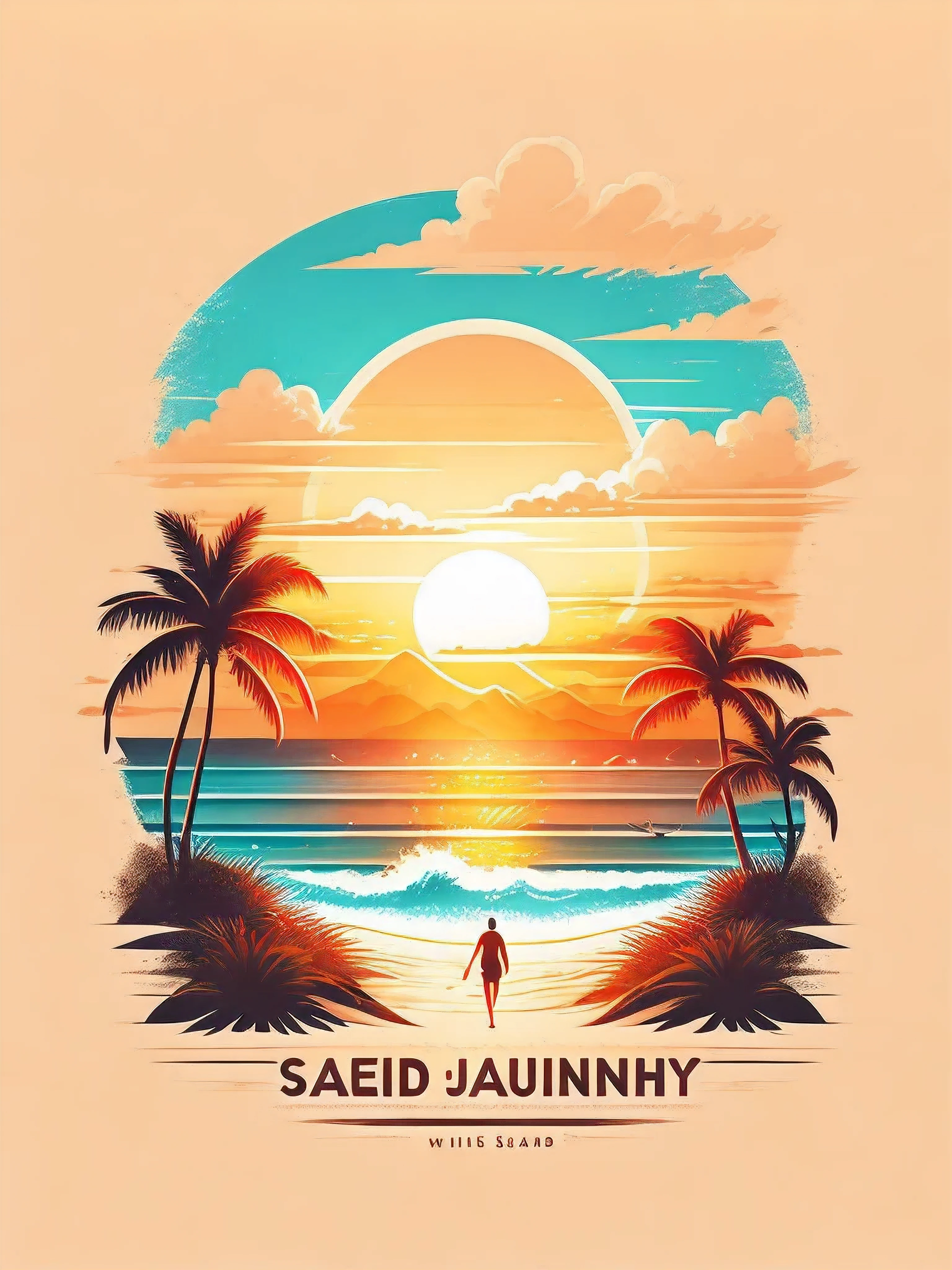 Sunset on the beach, white sand, epic composition, t-shirt design, rzminjourney, vector art . Vector T-shirt Design. summer tshirt design text "Living on island "