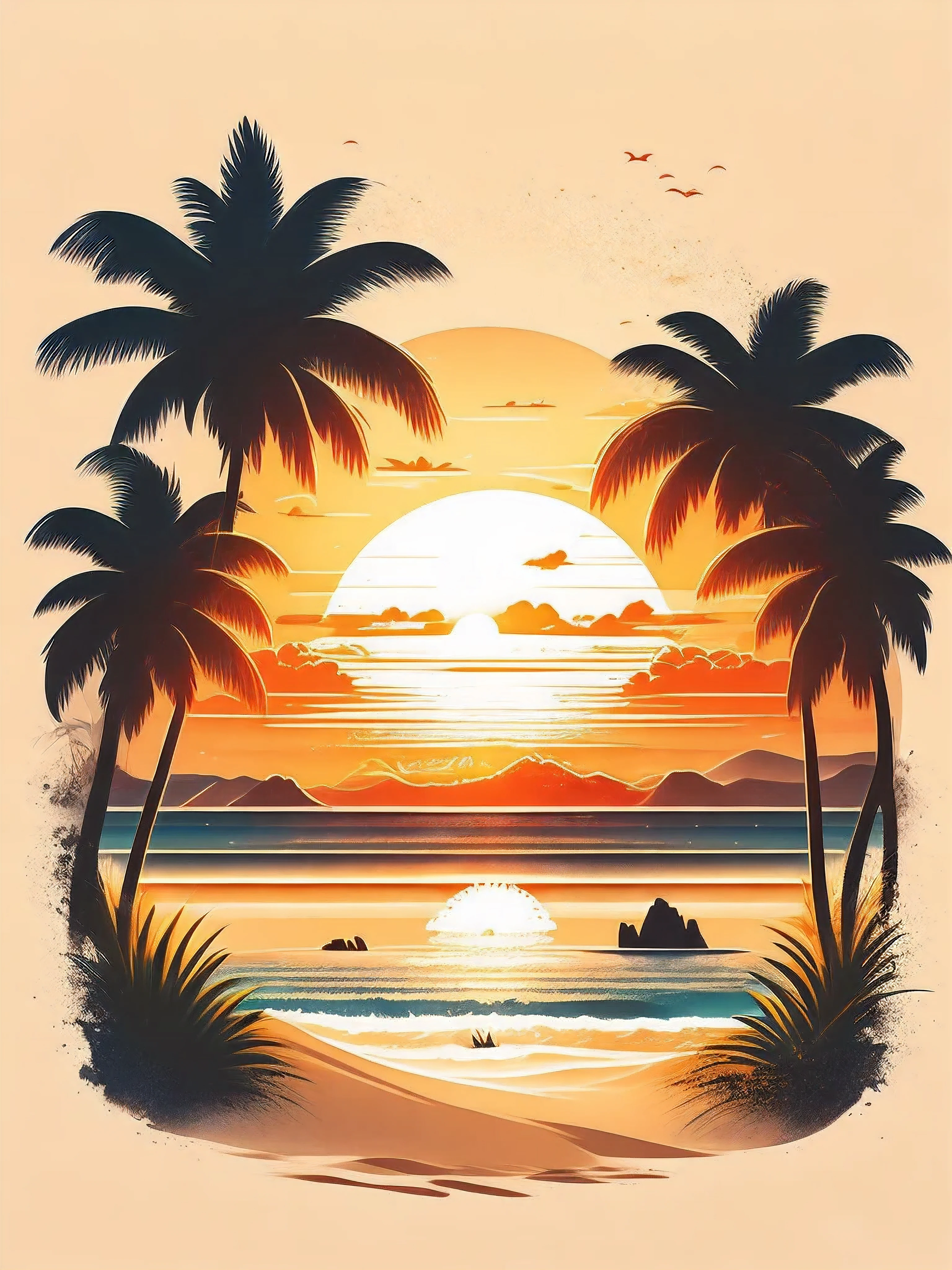 Sunset on the beach, white sand, epic composition, t-shirt design, rzminjourney, vector art . Vector T-shirt Design. summer tshirt design text "Living on island "