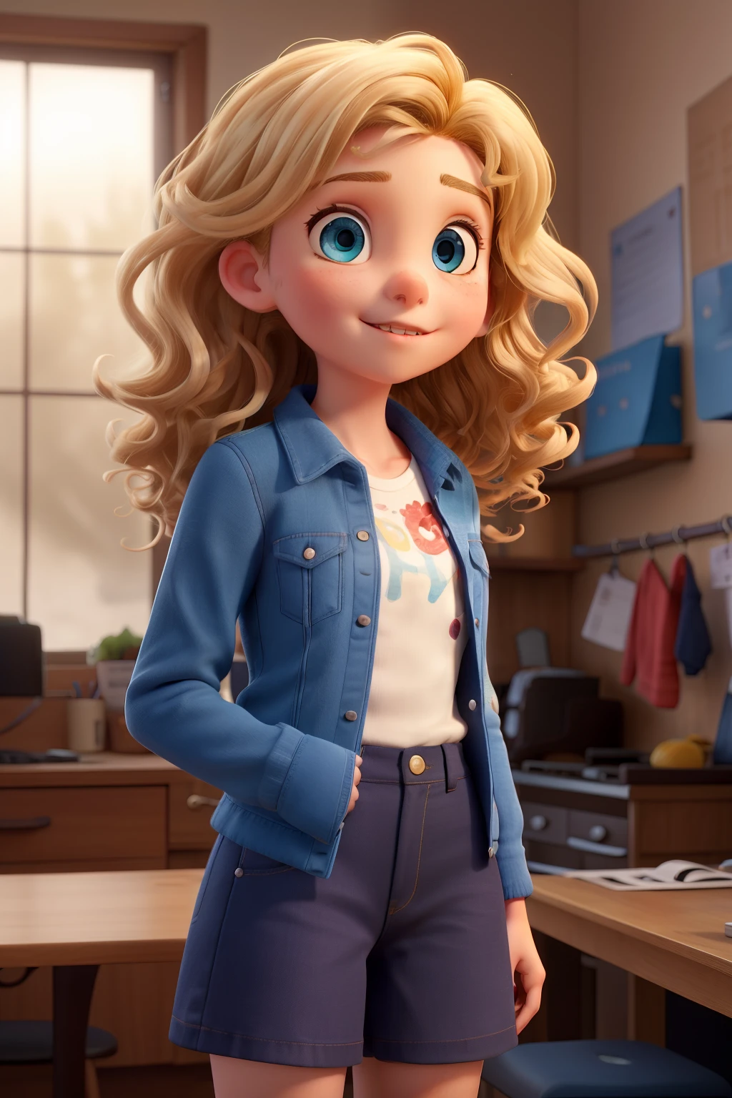 
13-year-old girl, curly blonde hair and blue eyes, fashionably dressed, singer