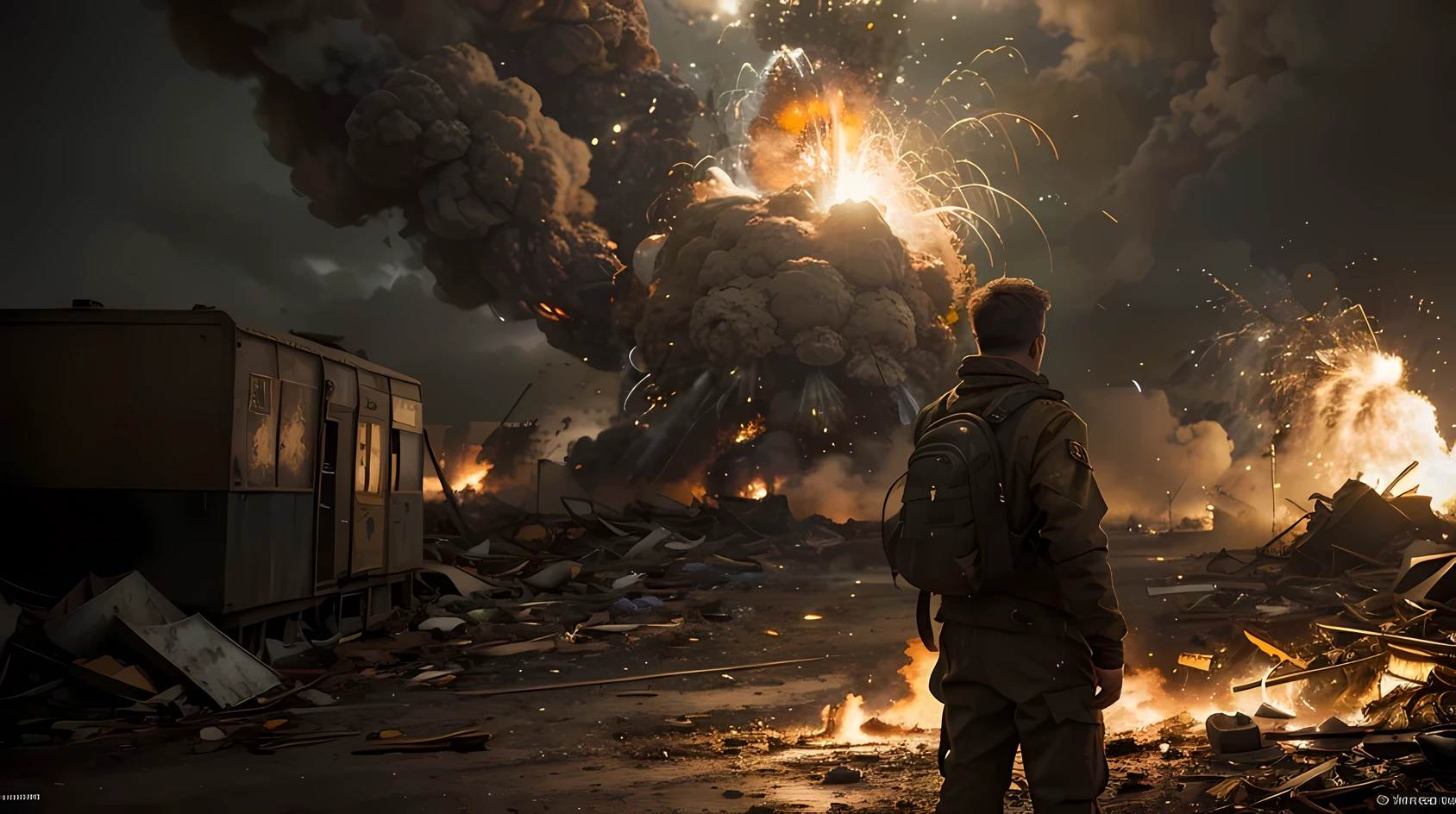 Postapocalyptique dystopique. Photorealistic. Homme vêtu d&#39;une veste kaki et d&#39;un pantalon ocre. L&#39;man is confronted with&#39;explosion d&#39;une bombe atomique. He is wearing a military backpack. dans la main droite, il tient un AK-47. Nature tchèque.