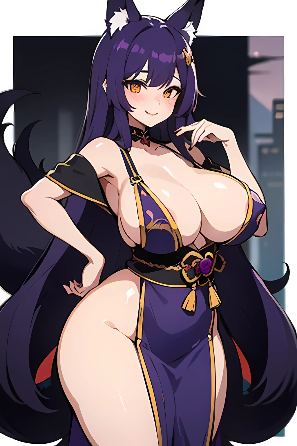 1 girl, long dark purple hair, fox ears, only fox ears, golden eyes, extremly detailed eyes, extremly detailed, blushing, (face perfect:1.1), (high detal:1.1), top-quality, huge breasts, sexy and seductive, wearing black and purple erotic kimono, tall women, long flufy nine fox tails, multiple tails, thicc thighs, wide hips, smile, horny, absurdes, high res, ultra sharp, 8k, masterpiece, looking at viewer