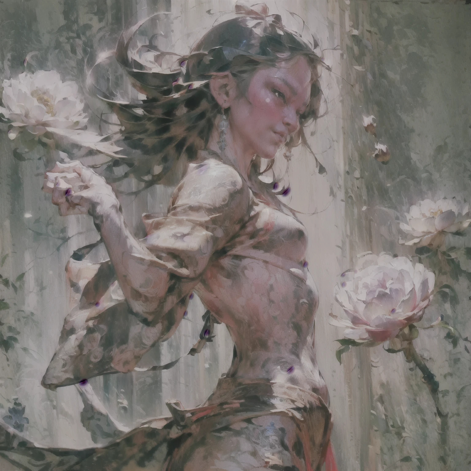 ((Create), (young girl, 16 years old, naked, full growth, dark hair, light skin, scarlet lips, smile; black, expressive playful eyes, long eyelashes), (female naked body, fantastic space), (flowers, chrysanthemum lilies, peonies, 1 full-length girl-solo, beautiful breasts), (girl, bare shoulders, (ecchi0.5), lips, splash of water, (Flowers:0.6), (birds:0.2), (bamboo0.1) , (lakes), (very beautiful, naked girl, full height, relaxed pose, slight turn of the body, facing the viewer, beautiful small breasts), (dressed; black translucent chiffon dress, gold line, very short peignoir dress), (calm relaxed pose, hair fluttering in the wind, half turn, look at the viewer, stylish girl model)).((Background - fantastic space, flower garden, graphic clear line, stylized - graphic, (lily flowers, peonies, chrysanthemums ) - (stunning blooming irises; (purple, yellow, blue, white), (modern style, modern, very beautiful young girl). (High quality, masterpiece). ((The highest quality of workmanship, realism, oil painting, modern brushwork, the hand of a master, grace, simplicity of execution)).