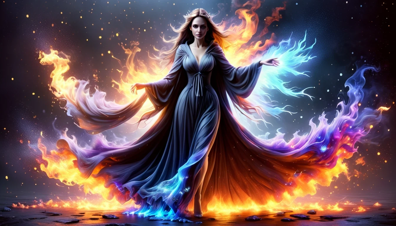 ((Angelina Jolie, (27 anos), de corpo inteiro), The skirt is long to the floor)), sorceress, magic, wearing a long Ametist dress made of lights, magical forest, with flowing, (((fire)) magic), tight sorceress clothes, magical clothing, (((flowing hairstyle))), (((glowing eyes))), wearing cloak, ((bokeh)), depth of field, realistic color scheme, davinci, .12k, intricate. hit definition , Beethoven, cinematic,Rough sketch, mix of bold dark lines and loose lines, bold lines, on paper , real life human, cosmic, cosmic and fire colors Artwork styles, masterpiece, art by Carne Griffiths and Wadim Kashin.