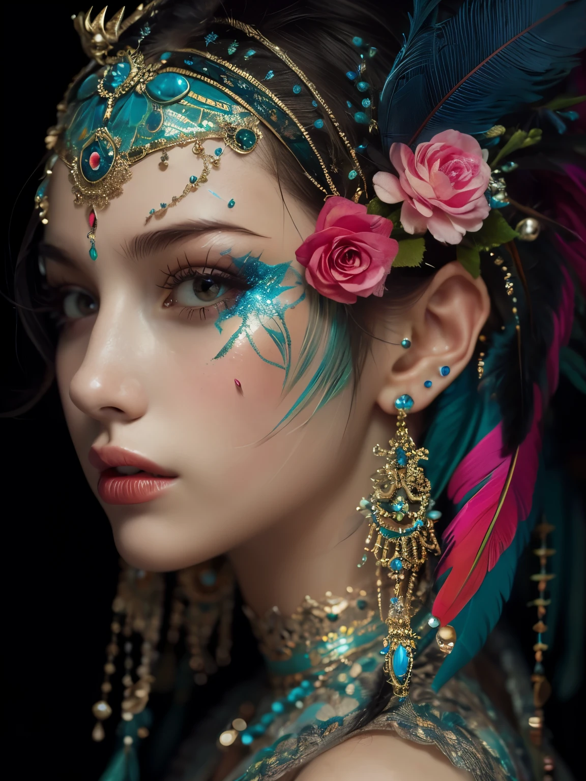 (official art, beautiful and aesthetic:1.2), (1girl:1.3),(fractal art:1.1),(colorful:1.1)(flowers:1.3),highest detailed,(zentangle:1.2), full body, (abstract background:1.3), (shiny skin), (many colors:1.4), ,(earrings), (feathers:1.5),