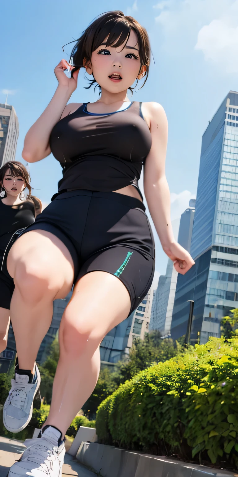 high-definition image, eyes realistic sizing,  smiling, ecstasy face, running, wet breast,  see-through,  micro tank top, tight running pants, wireless earphones, areolas, sneakers, in the park, pond, skyscrapers, sweat, short hair, angle from below,