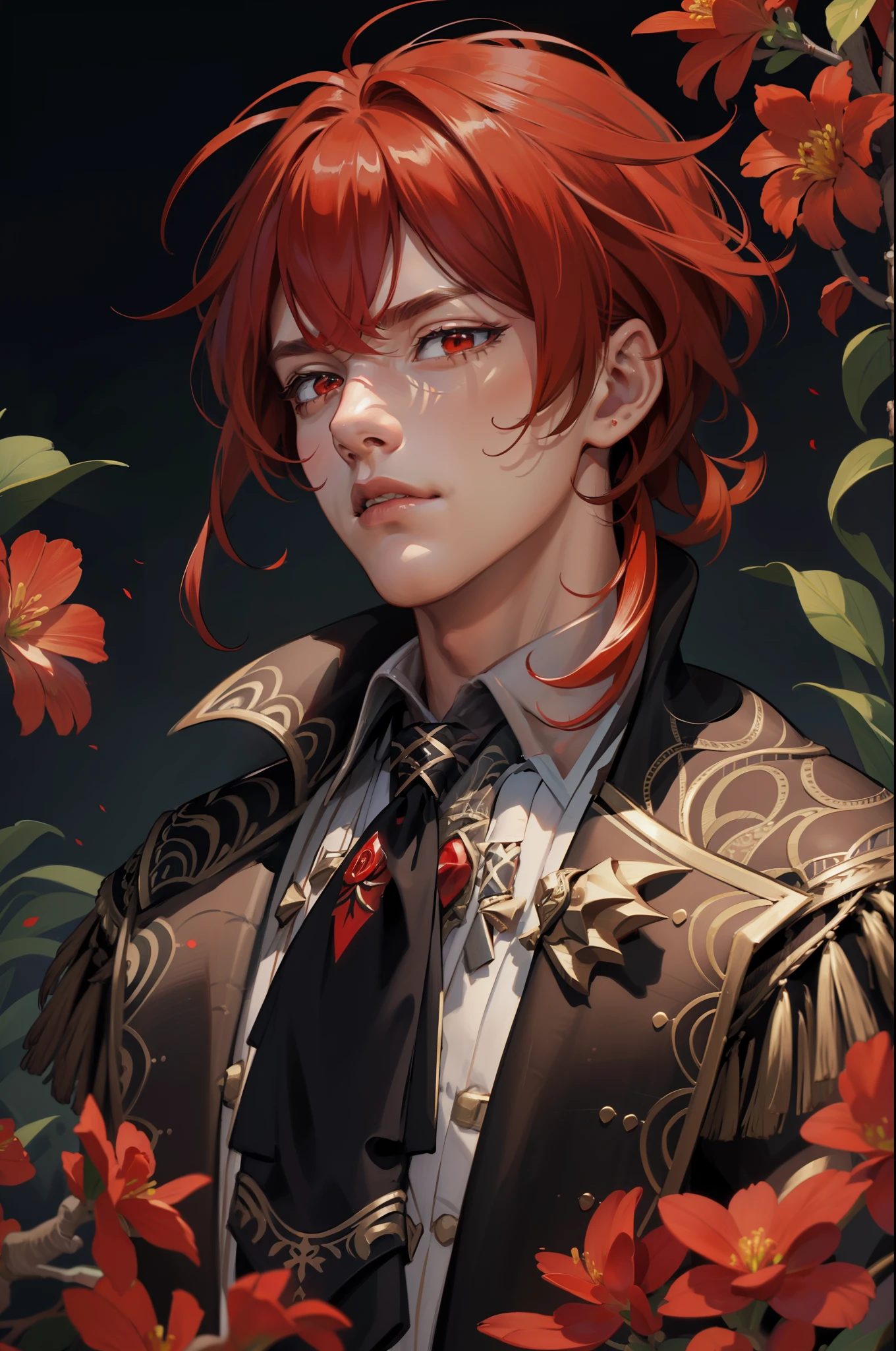 (masterpiece, best quality), 1 male, mature, aged up:1.4, tall muscular guy, broad shoulders, finely detailed eyes and detailed face, extremely detailed CG unity 8k wallpaper, intricate details, Fantasy, red hair, red flowers background,diluc (genshin impact), red eyes, red flowers around him