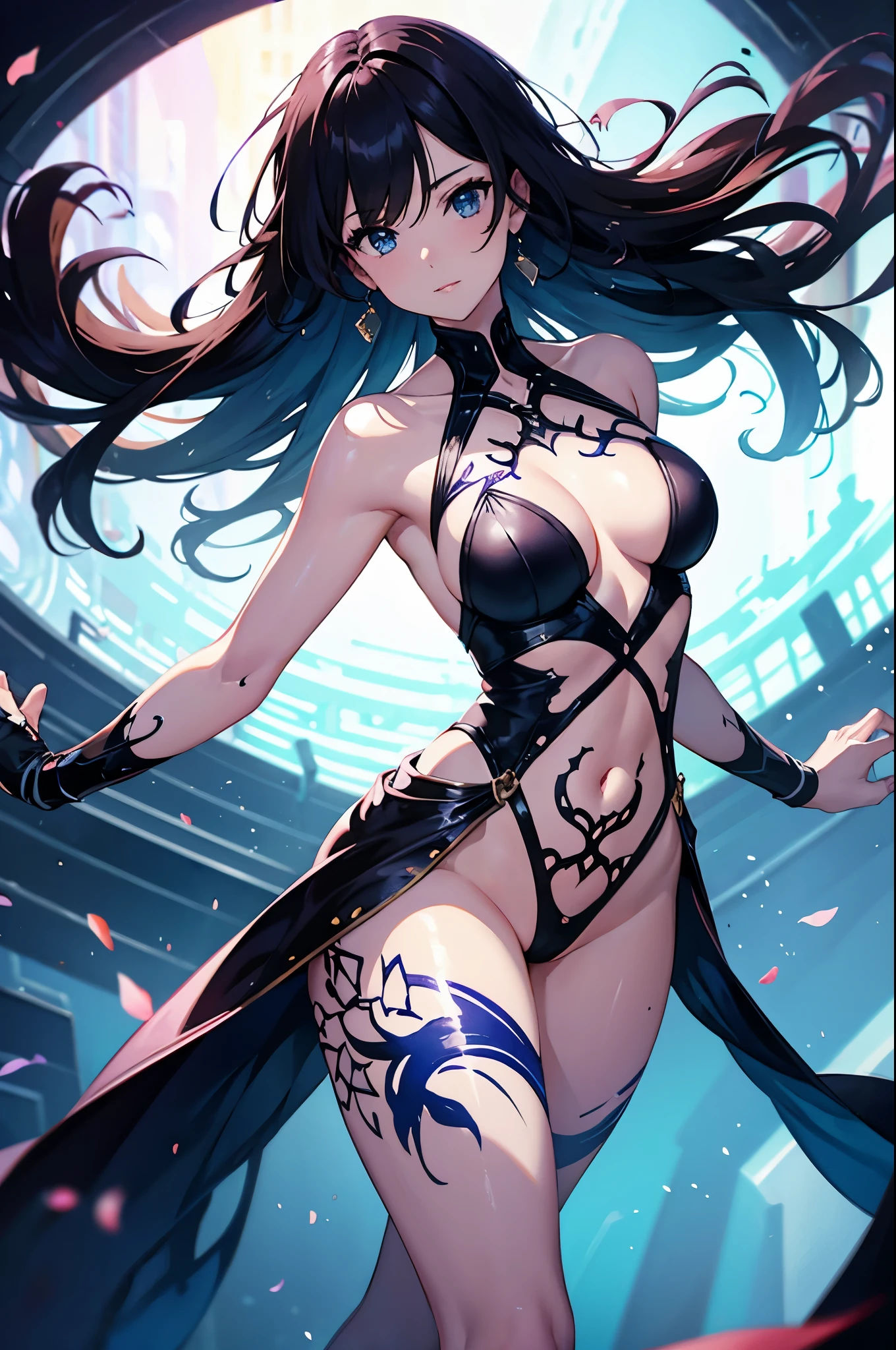 a sexy woman, fog, soft light, (best quality), (masterpiece), slim, anime, (body painting:1.4), (full body view), (standing), (crossed legs)