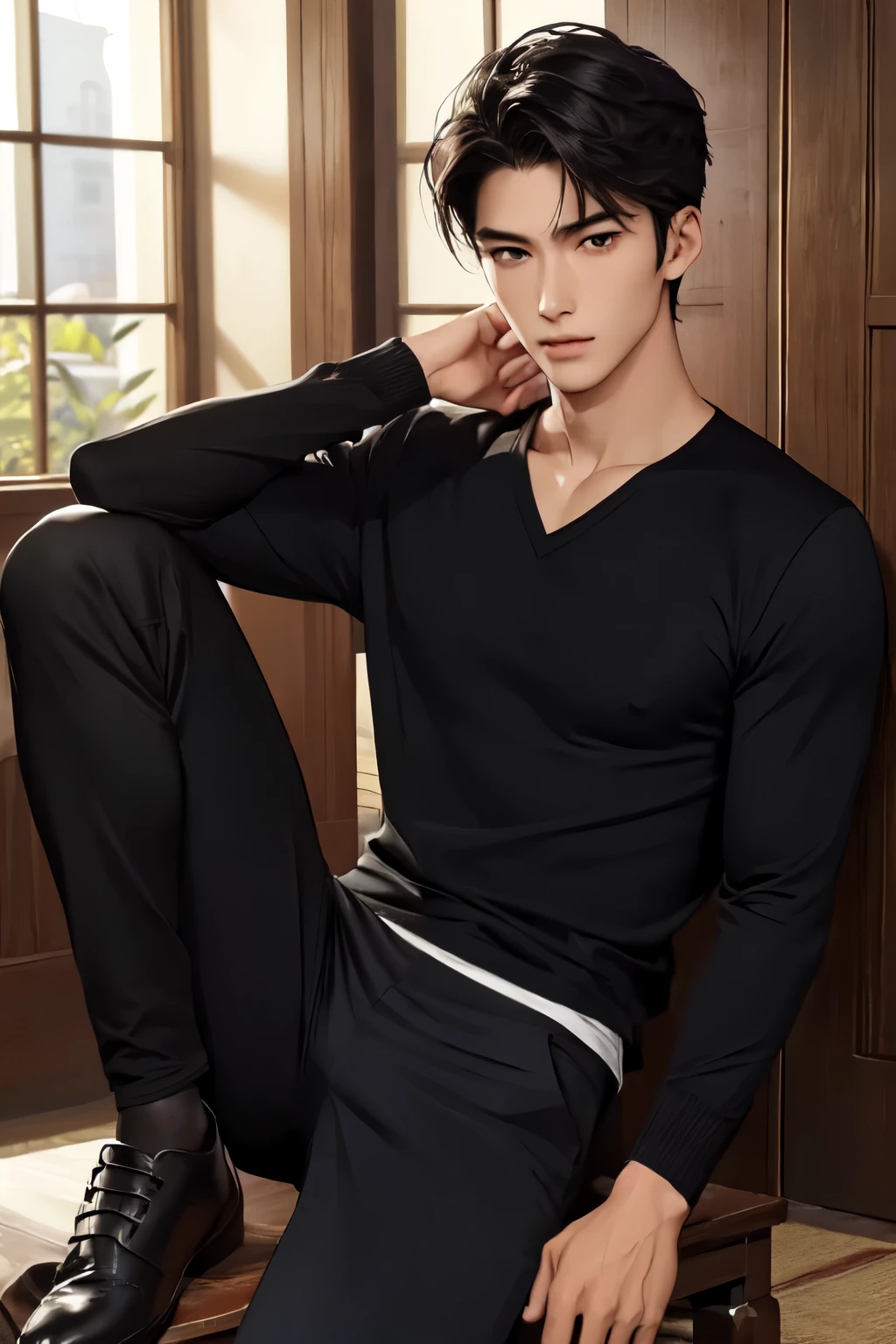 ((High quality)), ((masterpiece)), ((highly detailed)), perfect face, realistic, ((man)), ((Asian)), full body, young, 20 years old, black hair, comma hair style, ((handsome)), detailed eyes, beautiful detailed nose, realistic body, realistic light, comfortable exprssions, cute guy, sweat guy, cool guy, young, muscular body, black pants, realistic leg