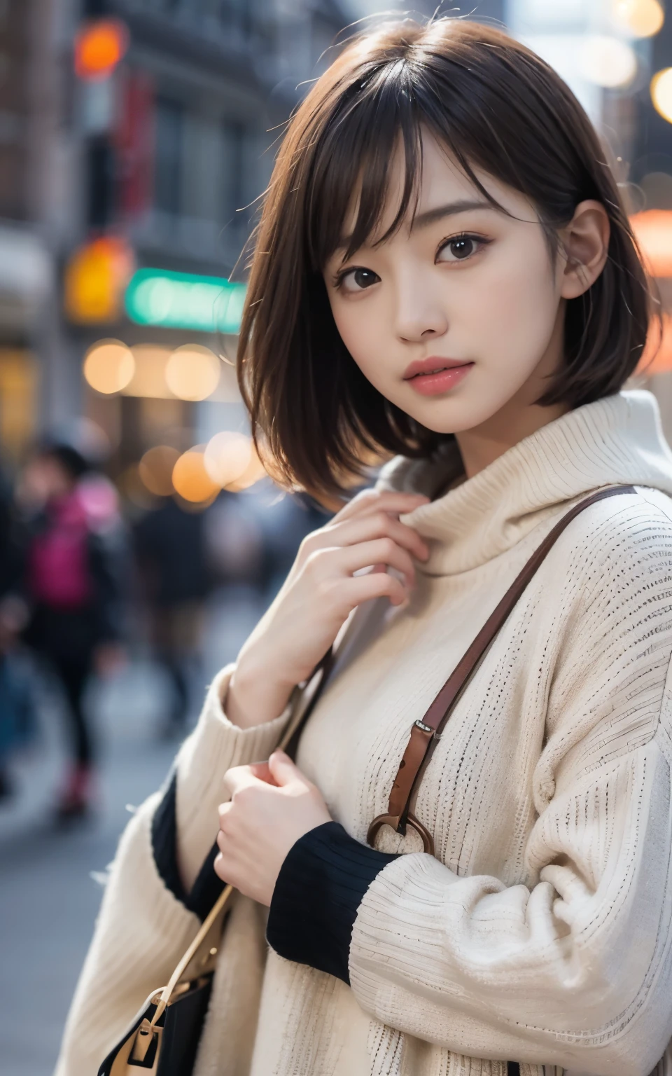 cute 21 year old japanese、In town、shopping、super detail face、pay attention to details、double eyelid、beautiful thin nose、sharp focus:1.2、Beautiful woman:1.4、(light brown hair,short hair、),pure white skin、highest quality、masterpiece、ultra high resolution、(Photoreal:1.4)、Highly detailed and professional lighting、nice smile、show the whole body、cute winter clothes、