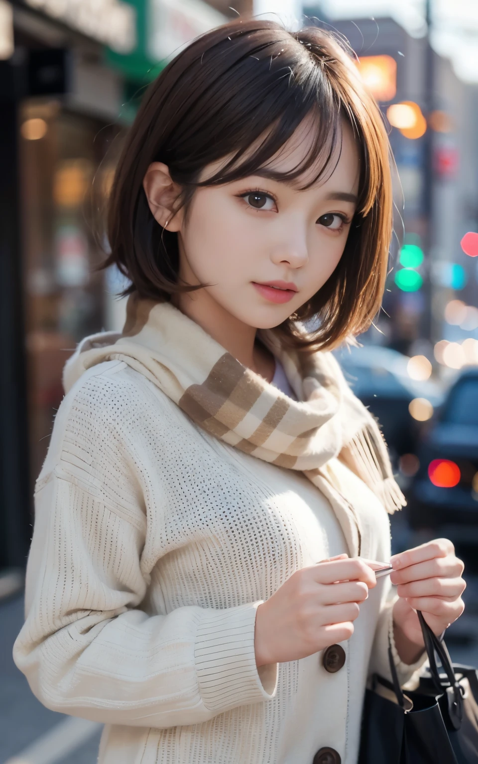 cute 21 year old japanese、In town、shopping、super detail face、pay attention to details、double eyelid、beautiful thin nose、sharp focus:1.2、Beautiful woman:1.4、(light brown hair,short hair、),pure white skin、highest quality、masterpiece、ultra high resolution、(Photoreal:1.4)、Highly detailed and professional lighting、nice smile、show the whole body、cute winter clothes、
