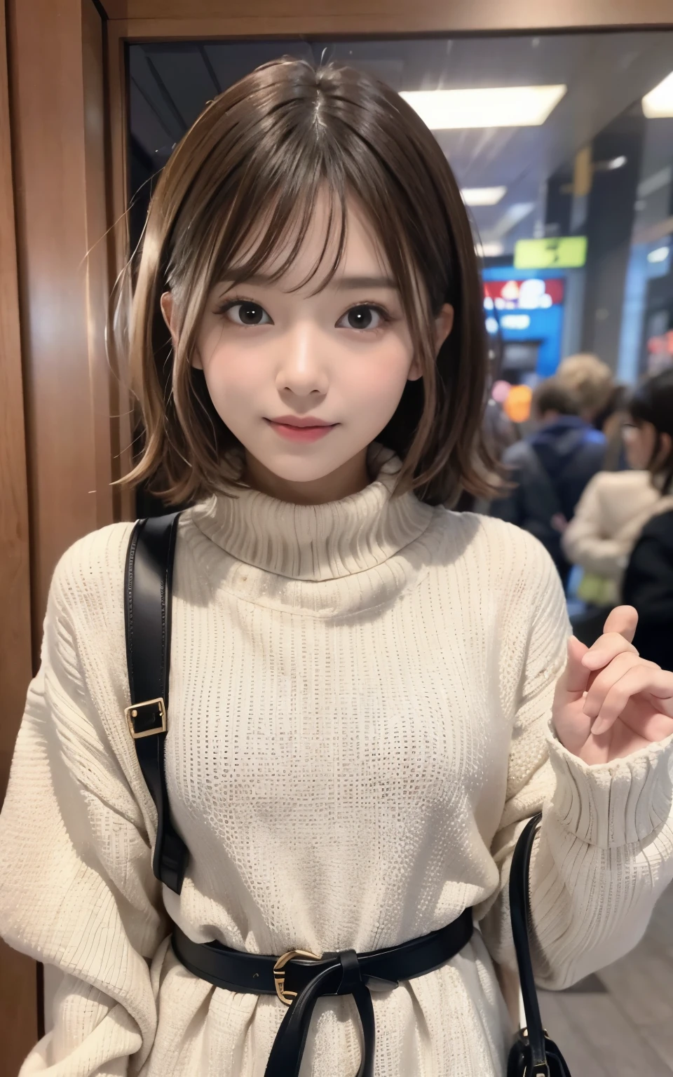 cute 21 year old japanese、In town、shopping、super detail face、pay attention to details、double eyelid、beautiful thin nose、sharp focus:1.2、Beautiful woman:1.4、(light brown hair,short hair、),pure white skin、highest quality、masterpiece、ultra high resolution、(Photoreal:1.4)、Highly detailed and professional lighting、nice smile、show the whole body、cute winter clothes、