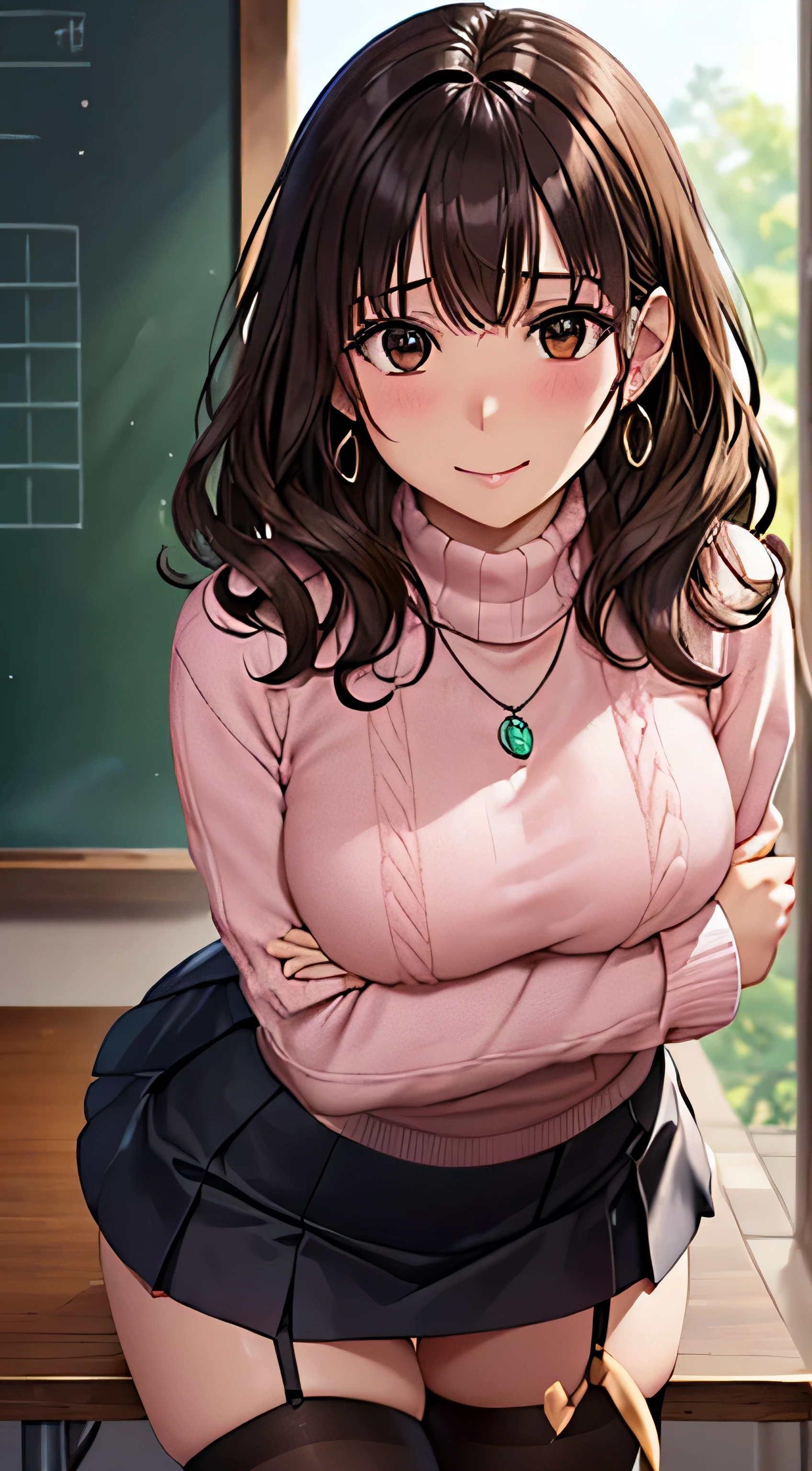 (table top, highest quality, High resolution, , perfect pixel, 4k,), 1 girl, single, alone, Beautiful woman、I could see the whole body、 ((wavy middle hair, bangs, brown hair)), ((brown eyes, beautiful eyelashes, realistic eyes)), ((detailed face, blush:1.2)), ((smooth texture:0.75, realistic texture:0.65, realistic:1.1, Anime CG style)), medium breasts, dynamic angle, perfect body, ((, female teacher, , earrings、necklace、white turtleneck sweater、Tight Skirt、black knee high stockings、open both legs wide、胸の谷間にnecklaceを挟む、shy smile)), upper grade、、、evening、stand on the podium、stick out your butt、、Close your chest with both arms、、show me your pink lace panties、、