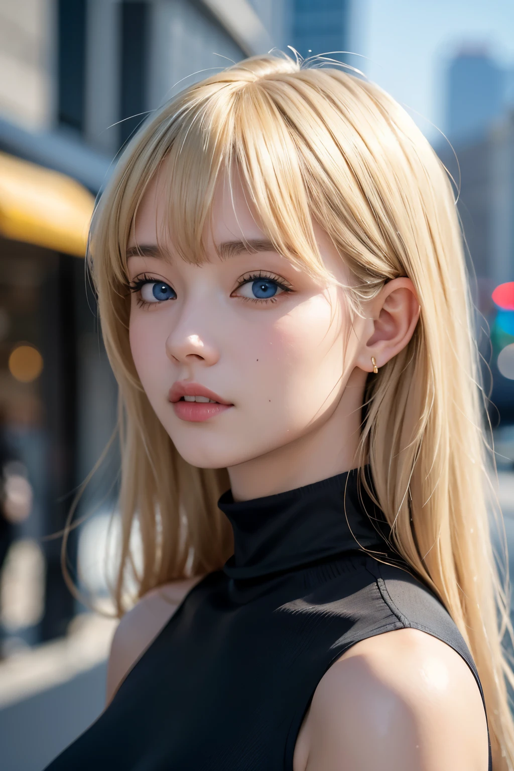 masterpiece, ultra detailed, sharp focus, photorealistic, raw photo, wide view, spot lighting, depth of field, bokeh,
BREAK
young cute 1girl, (bangs, blonde hair, fblue eyes), air skin, shiny skin,, voluptuous, tight_black_turtleneck_sweater, in the city, day, intense closeup shot, side chest closeup shot:1.5, from side,