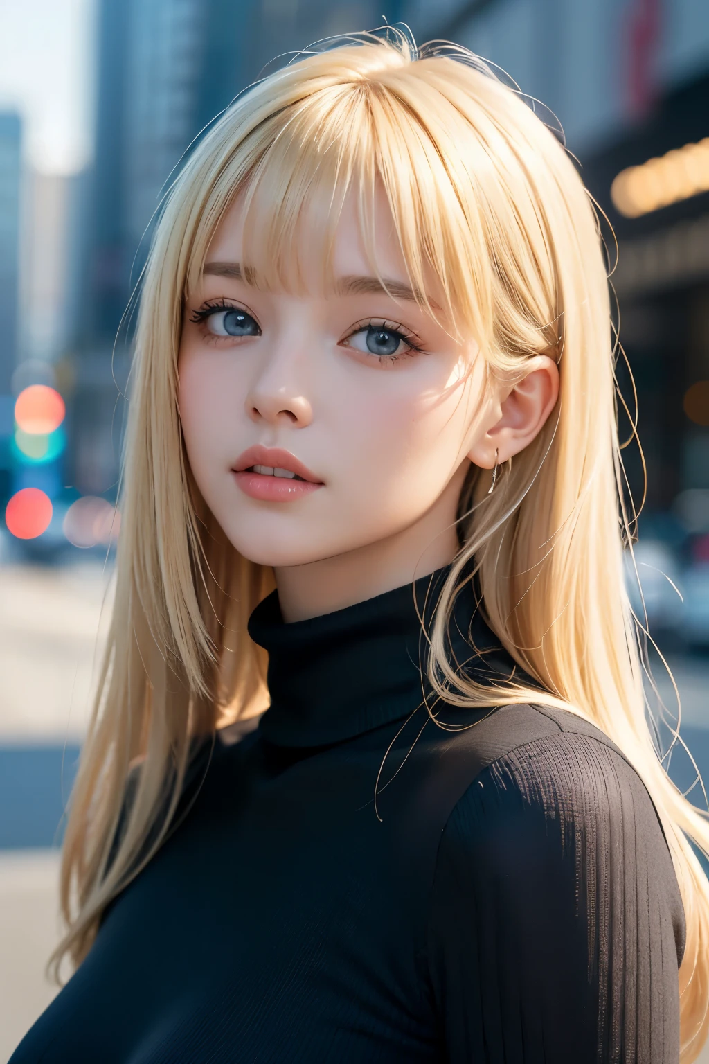 masterpiece, ultra detailed, sharp focus, photorealistic, raw photo, wide view, spot lighting, depth of field, bokeh,
BREAK
young cute 1girl, (bangs, blonde hair, fblue eyes), air skin, shiny skin,, voluptuous, tight_black_turtleneck_sweater, in the city, day, intense closeup shot, side chest closeup shot:1.5, from side,