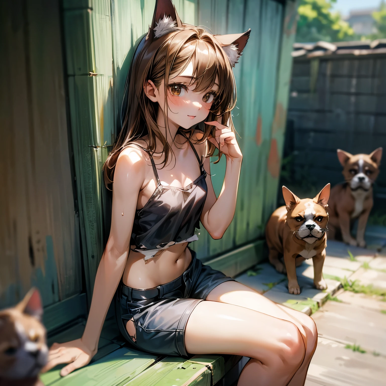 ((Masterpiece)), (Anime:1.3), ((best quality)), (RAW photo: 1.2), (High Definition:1.3), (Professional Photography:1.2), (12 years old), 8K, from side, (Glossy lips), Textured skin, cinematic lighting, ((slightly exposed stomach)), 1girl, Cute teenage beautiful Girl, (beautiful brown eyes), Very unruly hair, medium hair, ((very torn thin white camisole)), (Boxer short pants:1.3), (smile), Slender body, small breasts, sweaty, Beautiful small breasts, Cat ears, Pale brown hair, ((outdoor)), (sitting on roof in slum),