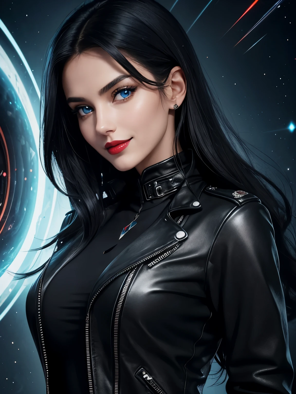 Portrait, beautiful woman with black hair, wearing a black biker jacket, hourglass figure, symmetrical figure, highly detailed face, beautiful face, calming blue eyes, lush red lips, smiling, alluring, flirting with camera, in love with viewer, stunning digital illustration, mysterious quantum environment, cosmic elements and ethereal atmosphere