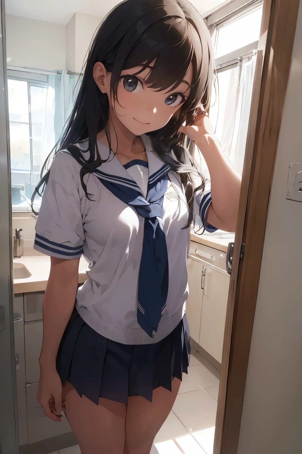una adolescente de colegio mirandose al espejo ((Mejor calidad)), ((Obra maestra)), (detallado), cara perfecta