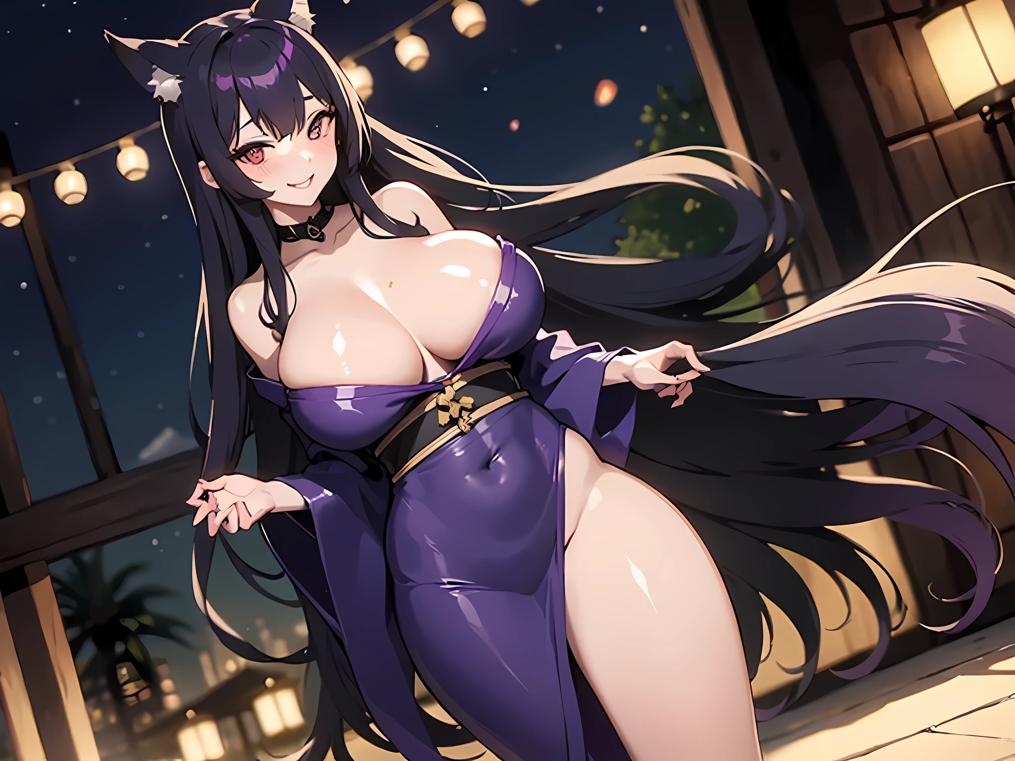 1 girl, long dark purple hair, fox ears, only fox ears, golden eyes, extremly detailed eyes, extremly detailed, blushing, (face perfect:1.1), (high detal:1.1), top-quality, huge breasts, sexy and seductive, wearing black and purple erotic kimono, tall women, long flufy nine fox tails, multiple tails, thicc thighs, wide hips, smile, horny, absurdes, high res, ultra sharp, 8k, masterpiece, looking at viewer