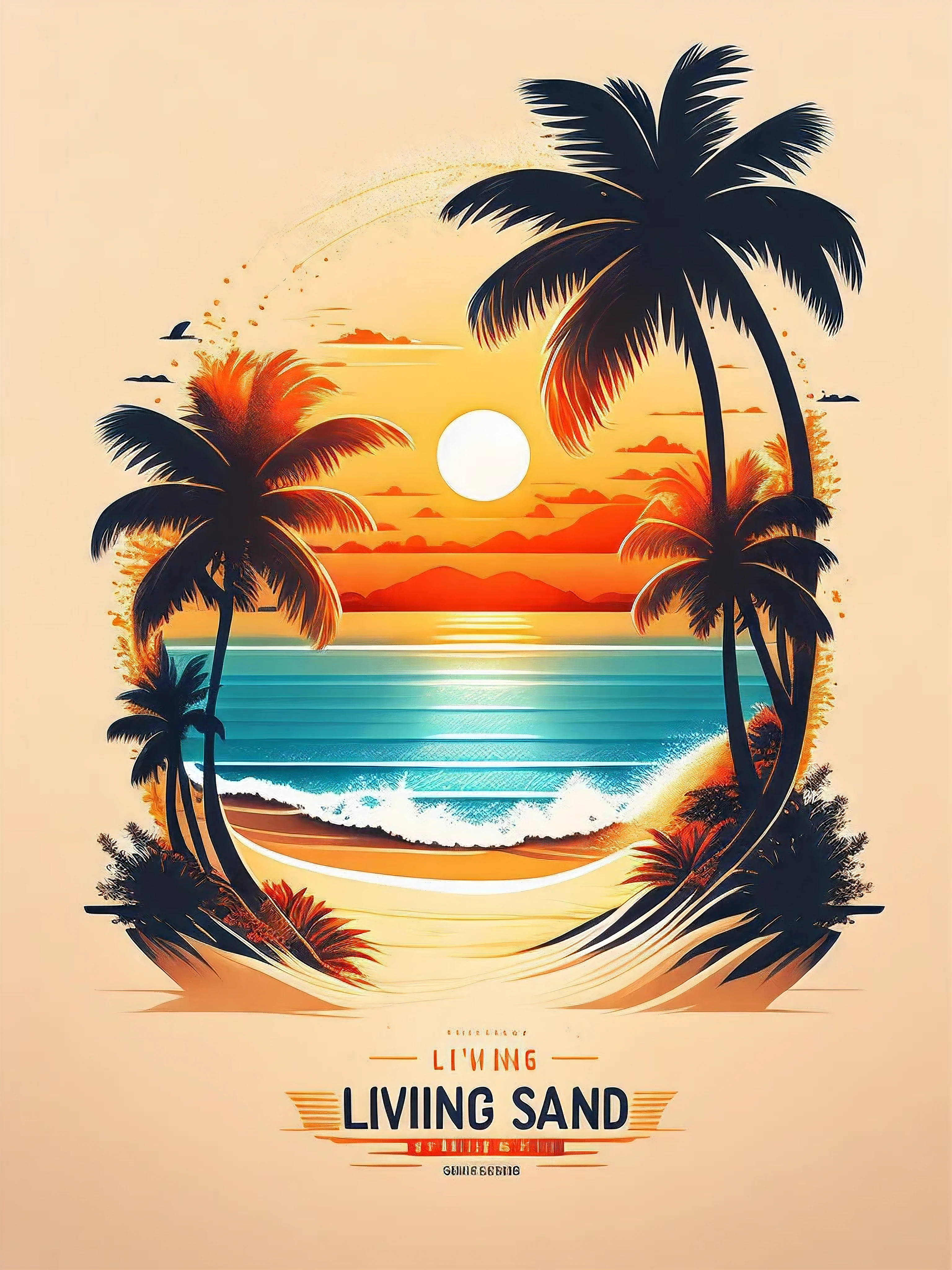 Sunset on the beach, white sand, epic composition, t-shirt design, , vector art . Vector T-shirt Design. summer t- shirt design text "Living on island "