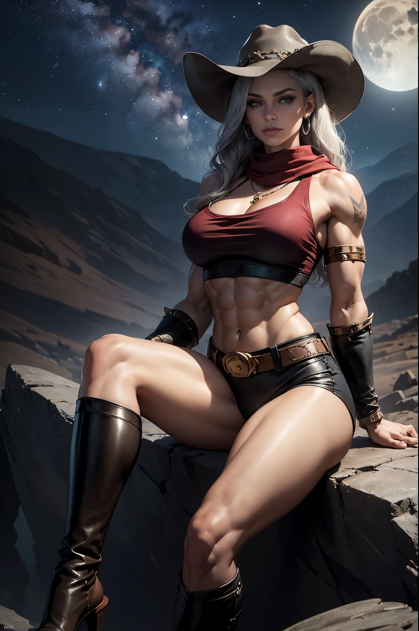 a gorgeous female warrior, mature, (small smirk, smirk), muscular, silver blonde hair, long hair, wavy hair, (biceps, triceps, six pack abs), (narrow waist, wide shoulders, narrow hips), slim, ((statuesque, towering, tall, imposing)), (defined muscles, strong muscles), off shoulder, (silver crop top, crop top, sleeves), huge breasts, earrings, jewelry, necklace, make up, long eyelashes, perfect eyes, perfect mouth, cowboy hat, perfect face, light grey eyes, piercing gaze, gorgeous eyes, belt, (defined quadriceps, sexy legs, strong legs, shapely legs), crop top, (red scarf), covered mouth, sheriff, leather pants, tattoo on shoulder, perfect fingers, long fingers, no extra digits, long nails, middle, rifle on the back, (desolate land in the background, outdoors, at night, rocky landscape, wind,), ((at night, bandits in the distance, fire, stars, moon, sitting on a rock, legs crossed,))