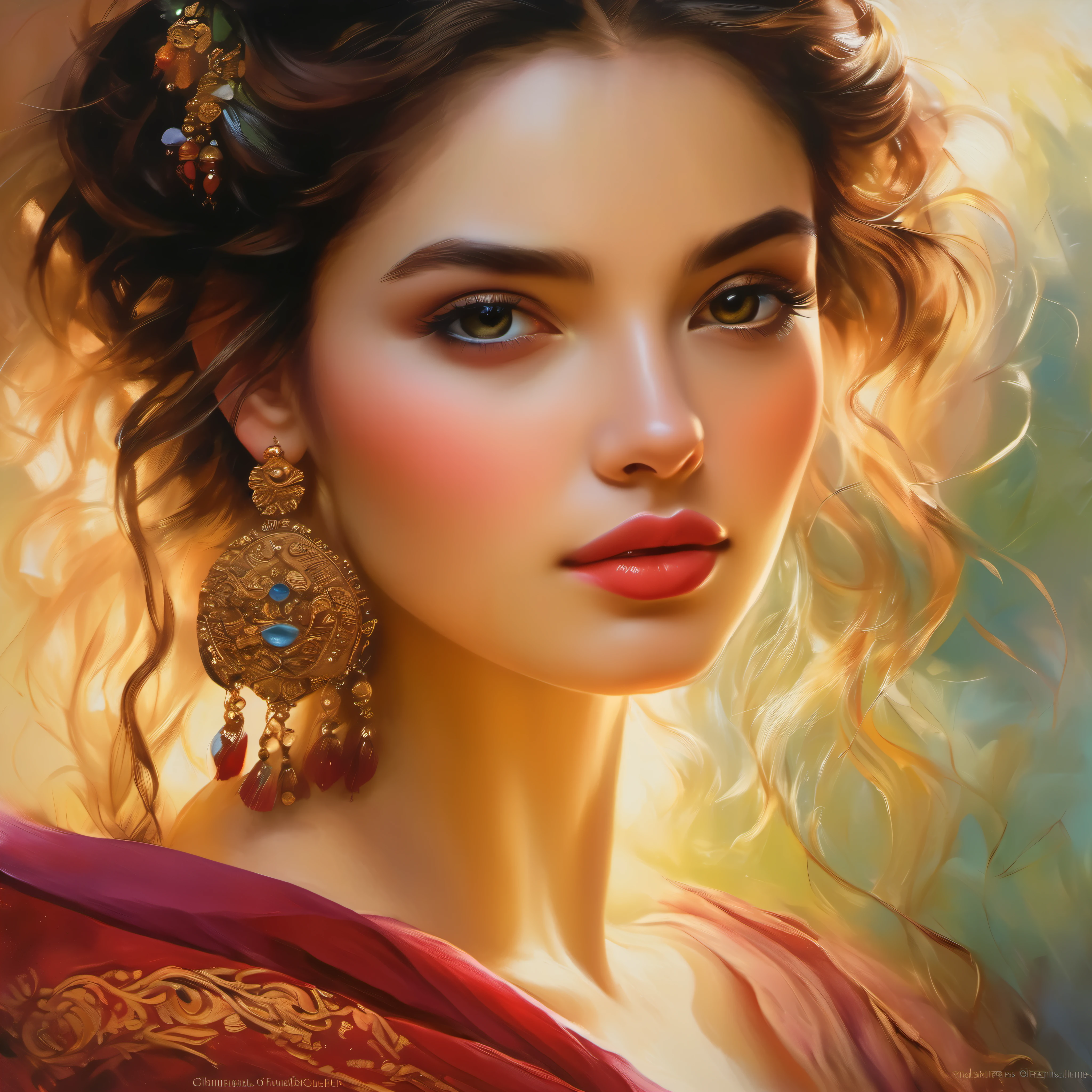 (best quality, high-res:1.2), ultra-detailed, vibrant colors, stunning portrait painting, beautiful detailed eyes, long eyelashes, realistic skin textures, graceful pose, professional lighting, oil painting, breathtaking background scenery, elegant costume, delicate facial features, captivating expression, dynamic composition, radiant complexion, glossy lips, meticulous brushwork, intricate hair, fine detailing, lifelike appearance, soft lighting, harmonious color palette, atmospheric ambiance, dramatic shadows, masterful craftsmanship, evocative mood, ethereal atmosphere, timeless beauty, enchanting gaze, vivid color contrasts, refined elegance, rich textures, captivating realism, artistic finesse, alluring aesthetics, expertly rendered, sophisticated artistry, striking visual impact, compelling visual narrative, intricate patterns, expressive brushstrokes, sublime artistry, sublime artistry.
