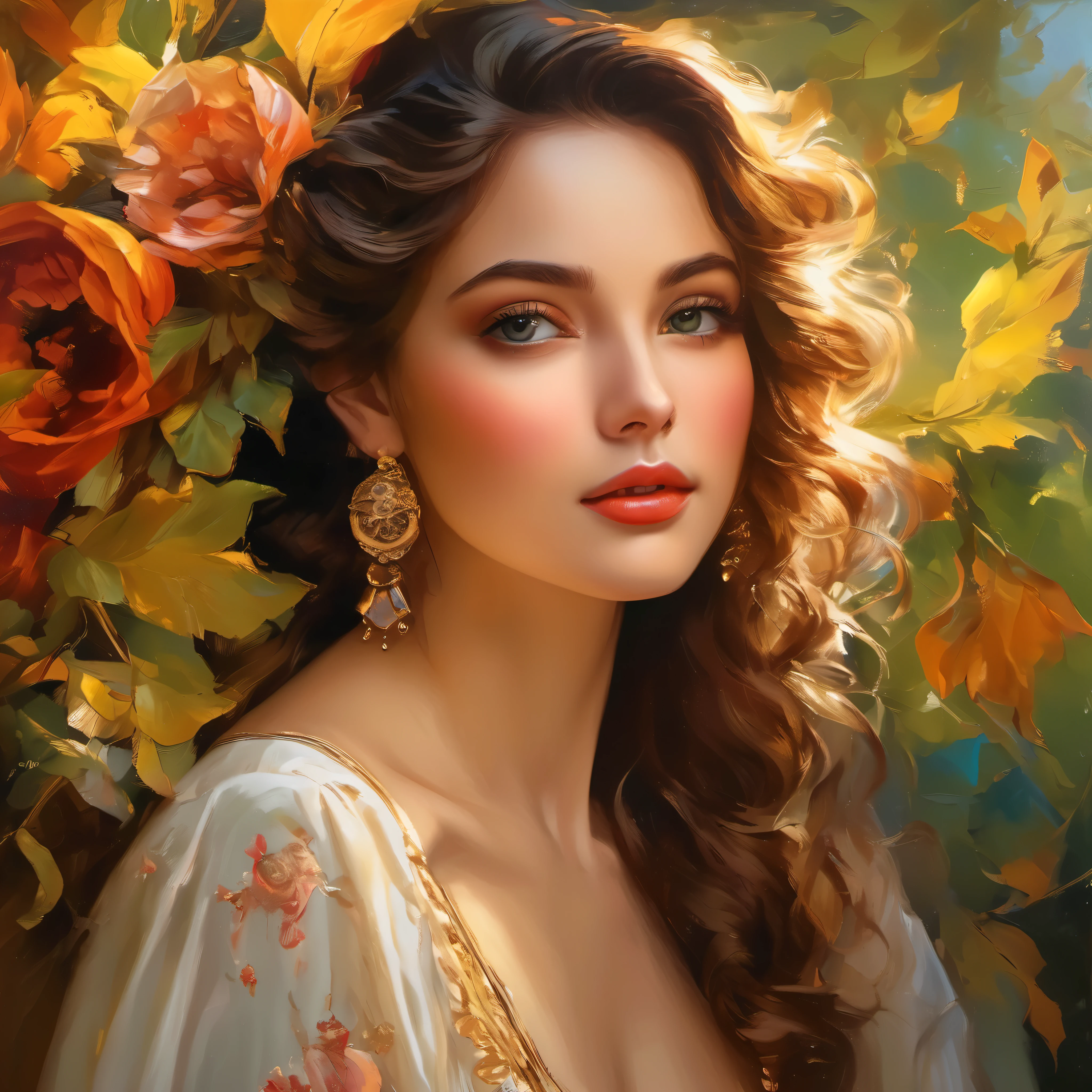 (best quality, high-res:1.2), ultra-detailed, vibrant colors, stunning portrait painting, beautiful detailed eyes, long eyelashes, realistic skin textures, graceful pose, professional lighting, oil painting, breathtaking background scenery, elegant costume, delicate facial features, captivating expression, dynamic composition, radiant complexion, glossy lips, meticulous brushwork, intricate hair, fine detailing, lifelike appearance, soft lighting, harmonious color palette, atmospheric ambiance, dramatic shadows, masterful craftsmanship, evocative mood, ethereal atmosphere, timeless beauty, enchanting gaze, vivid color contrasts, refined elegance, rich textures, captivating realism, artistic finesse, alluring aesthetics, expertly rendered, sophisticated artistry, striking visual impact, compelling visual narrative, intricate patterns, expressive brushstrokes, sublime artistry, sublime artistry.
