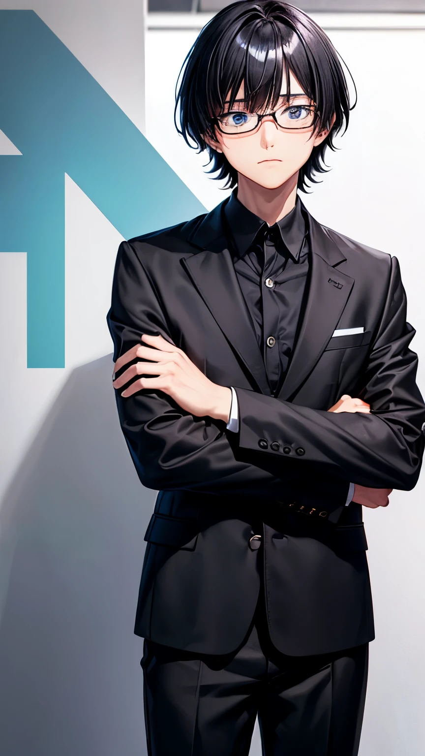 Japanese high school student boy body shape )),straight hair ((jet-black hair , very short hair )),((asymmetrical much shaggy long forelock)),BREAK, older and intrepid face, ((jet-black school blazer, black dress shirt, black slacks )), blue lenses glasses ,BREAK, thin sharp eyes ((shiny pale blue eye, )), blush , BREAK, boring atmosphere,((face focus:1.3)), his arms folded ,((NSFW))