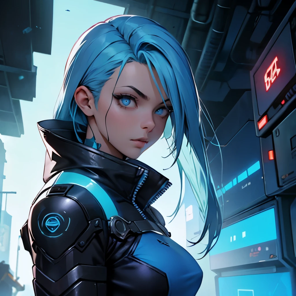 Garota cabelo azul olhos azuis roupa
estilo cyber punk mercenaria