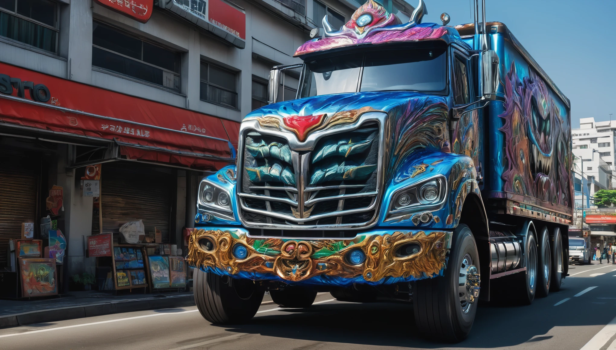 a large truck with a monster's mouth on the front of it, computer graphics by Taro Okamoto, trending on zbrush central, fantasy art, made of liquid metal, made of cardboard, ultra detailed, hyper realistic, 8k, vibrant colors, sharp crisp image