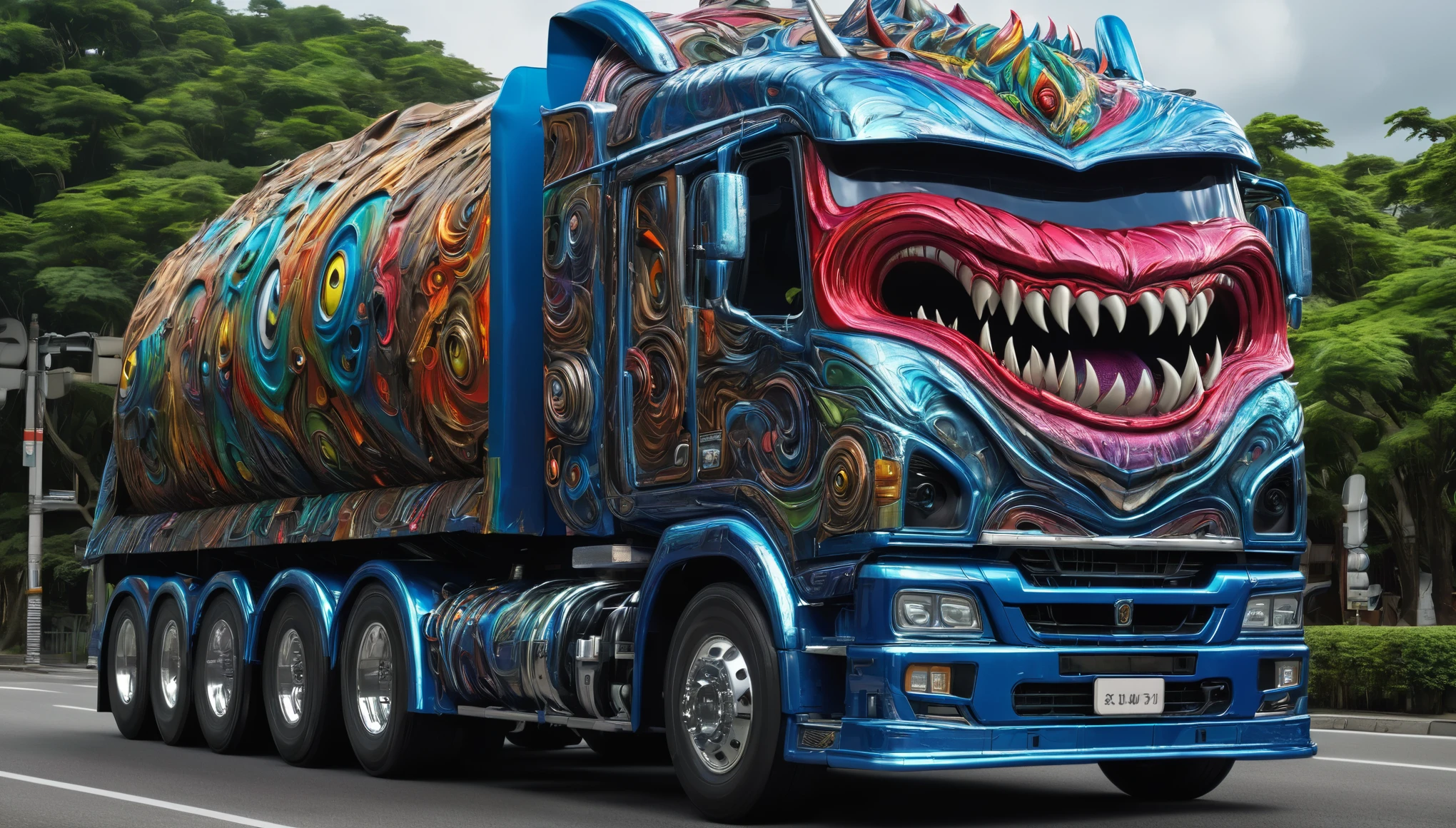 a large truck with a monster's mouth on the front of it, computer graphics by Taro Okamoto, trending on zbrush central, fantasy art, made of liquid metal, made of cardboard, ultra detailed, hyper realistic, 8k, vibrant colors, sharp crisp image