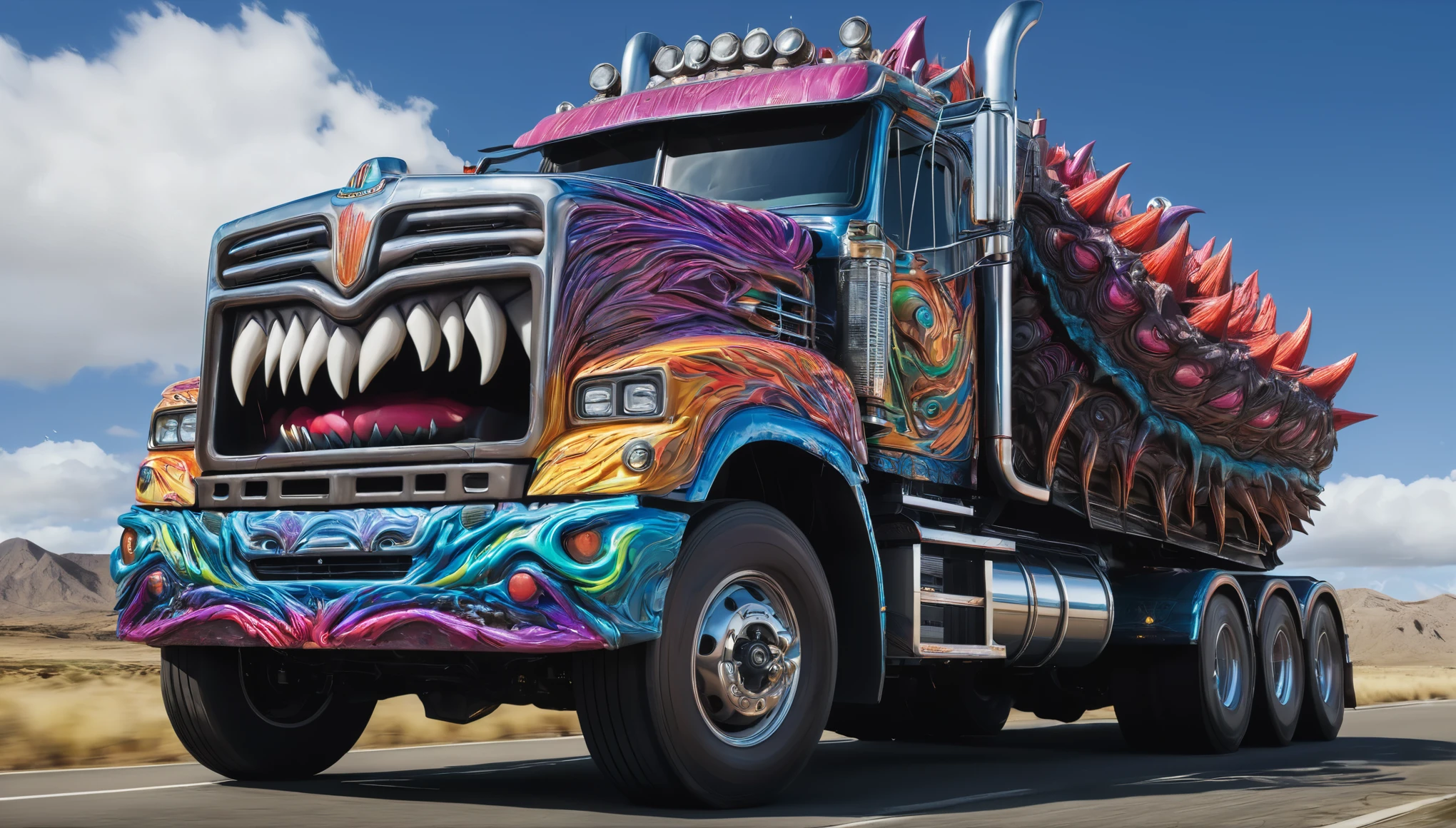 a large truck with a monster's mouth on the front of it, computer graphics by Taro Okamoto, trending on zbrush central, fantasy art, made of liquid metal, made of cardboard, ultra detailed, hyper realistic, 8k, vibrant colors, sharp crisp image