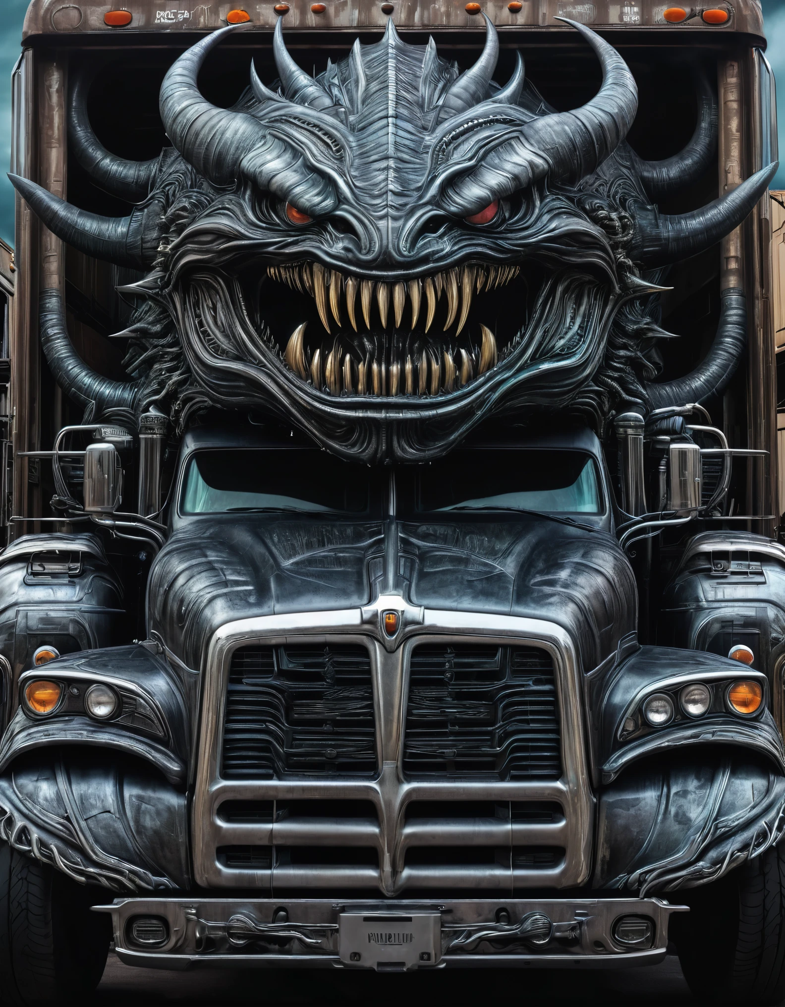 a large truck with a monster's mouth on the front of it, style of H R Giger, trending on zbrush central, fantasy art, made of liquid metal, made of cardboard, ultra detailed, hyper realistic, 8k, vibrant colors, sharp crisp image