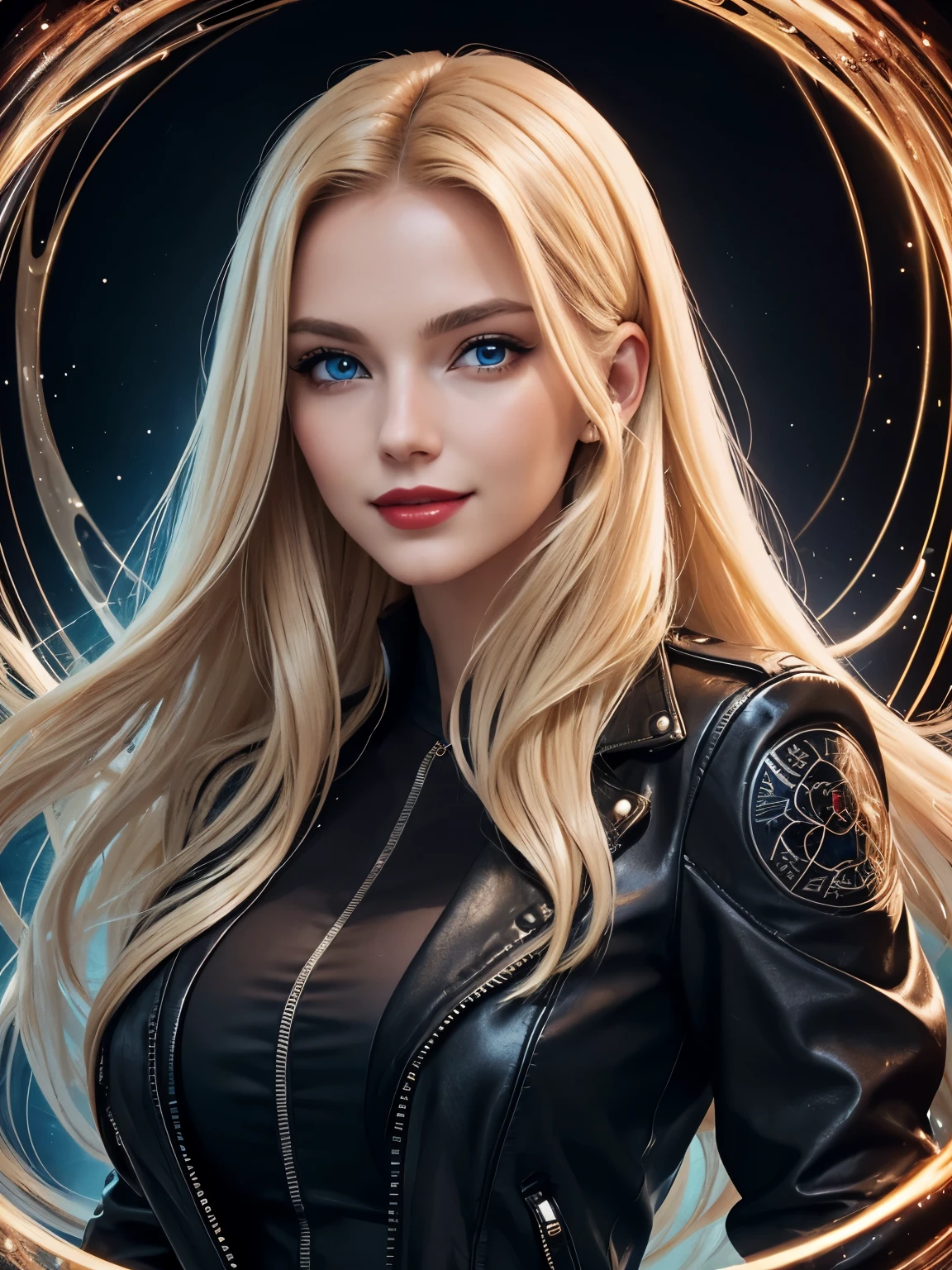 Portrait, beautiful woman with flowing blonde hair, wearing a black biker jacket, hourglass figure, symmetrical figure, highly detailed face, beautiful face, calming blue eyes, lush red lips, smiling, alluring, flirting with camera, in love with viewer, stunning digital illustration, mysterious quantum environment, cosmic elements and ethereal atmosphere