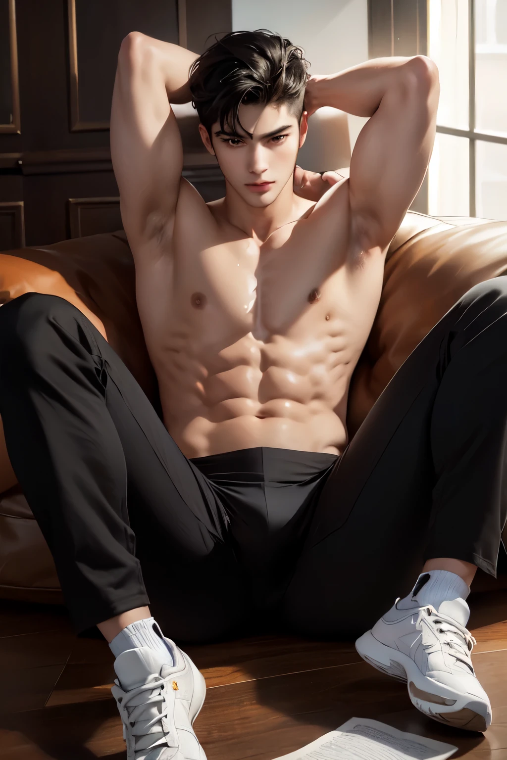 ((High quality)), ((masterpiece)), ((highly detailed)), perfect face, realistic, ((man)), ((Asian)), full body, young, 20 years old, black hair, comma hair style, ((handsome)), detailed eyes, beautiful detailed nose, realistic body, realistic light, comfortable exprssions, cute guy, sweat guy, cool guy, young, muscular body, black pants, realistic leg armpit hair, socks