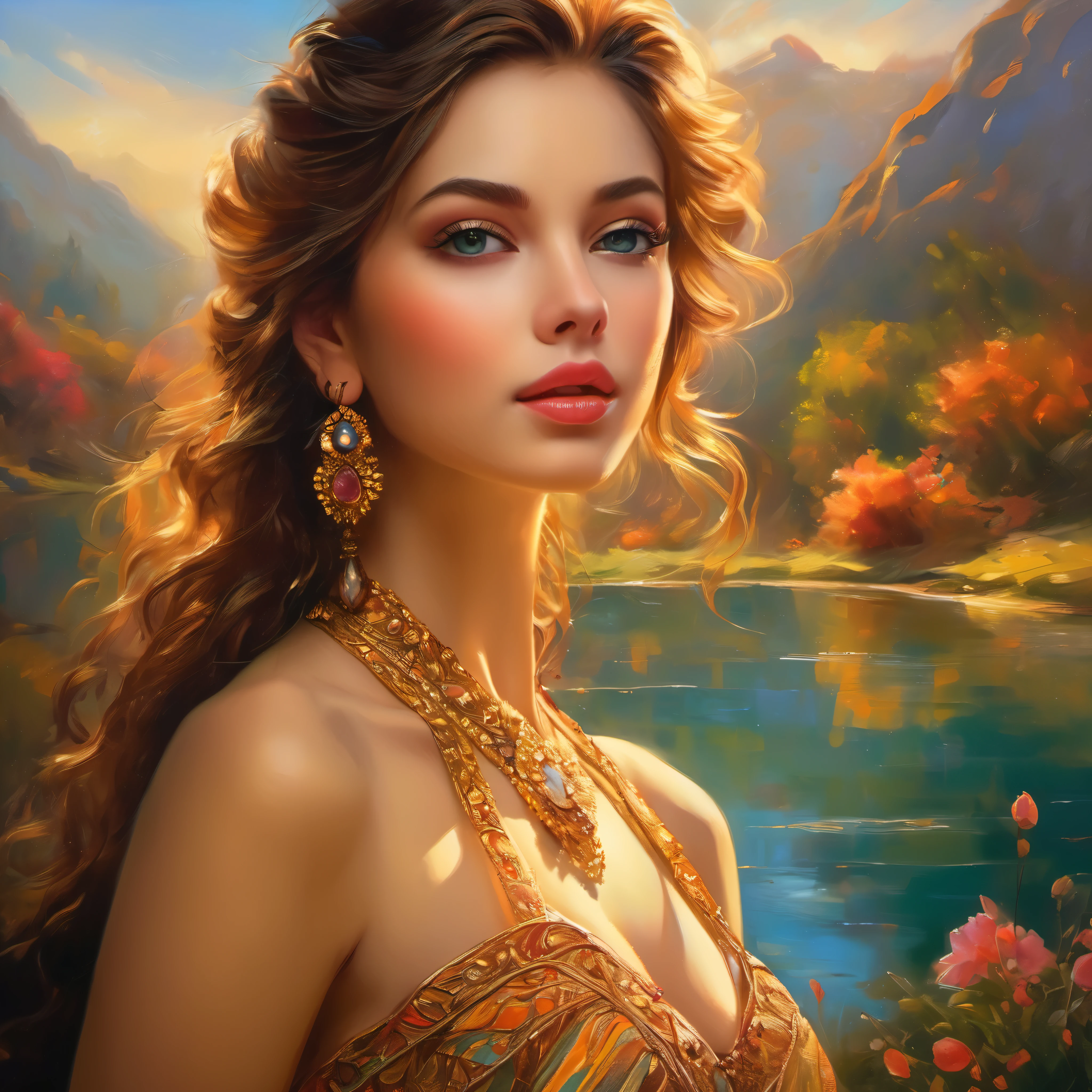 (best quality, high-res:1.2), ultra-detailed, vibrant colors, stunning portrait painting, beautiful detailed eyes, long eyelashes, realistic skin textures, graceful pose, professional lighting, oil painting, breathtaking background scenery, elegant costume, delicate facial features, captivating expression, dynamic composition, radiant complexion, glossy lips, meticulous brushwork, intricate hair, fine detailing, lifelike appearance, soft lighting, harmonious color palette, atmospheric ambiance, dramatic shadows, masterful craftsmanship, evocative mood, ethereal atmosphere, timeless beauty, enchanting gaze, vivid color contrasts, refined elegance, rich textures, captivating realism, artistic finesse, alluring aesthetics, expertly rendered, sophisticated artistry, striking visual impact, compelling visual narrative, intricate patterns, expressive brushstrokes, sublime artistry, sublime artistry.