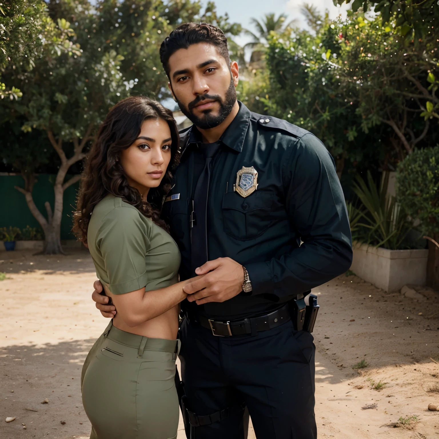 Police officer with dark skin, Mexican and Arab type, curly hair and yard with a beautiful gradient, he has green eyes with a beautiful beard he is handsome very handsome his name is agent yaya and he is in a relationship with agent lopez he loves each other so much